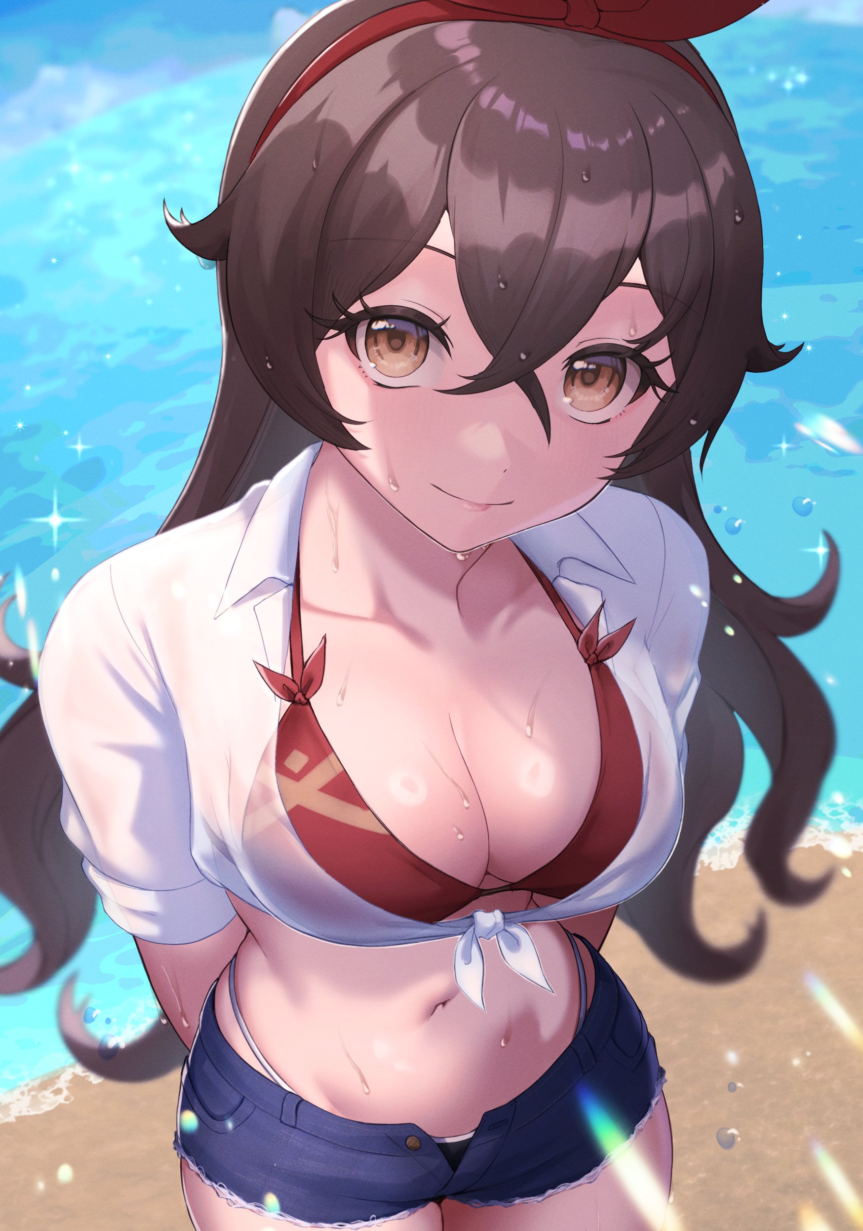 1girls, alternate costume, amber (genshin impact), arms behind back, beach, bikini, black hair, cleavage, day, female, female focus, female only, front view, genshin impact, high resolution, highres, hoyoverse, light skin, light-skinned female, long hair, minishorts, ocean, red bikini, ribbon, ribbon in hair, sand, shirt, smiling, smiling at viewer, solo, solo female, standing, summer, swimsuit, thong, thong bikini, water, wet, wet body, wet shirt