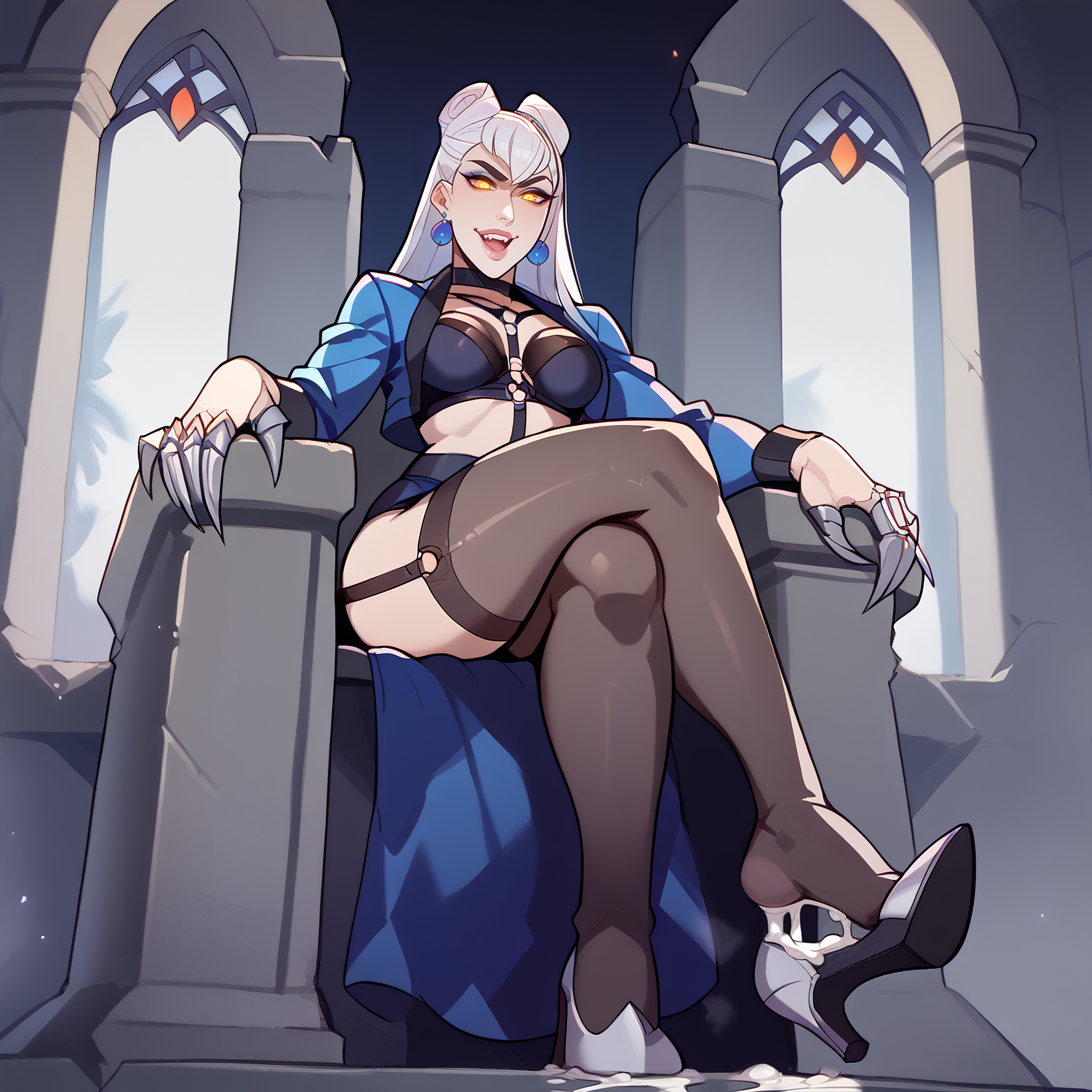 ai generated, claws, cum, cum on shirt, evelynn, female, femdom, high heels, k/da all out evelynn, k/da all out series, k/da evelynn, league of legends, makeup, sitting, thighhighs, throne, yellow eyes