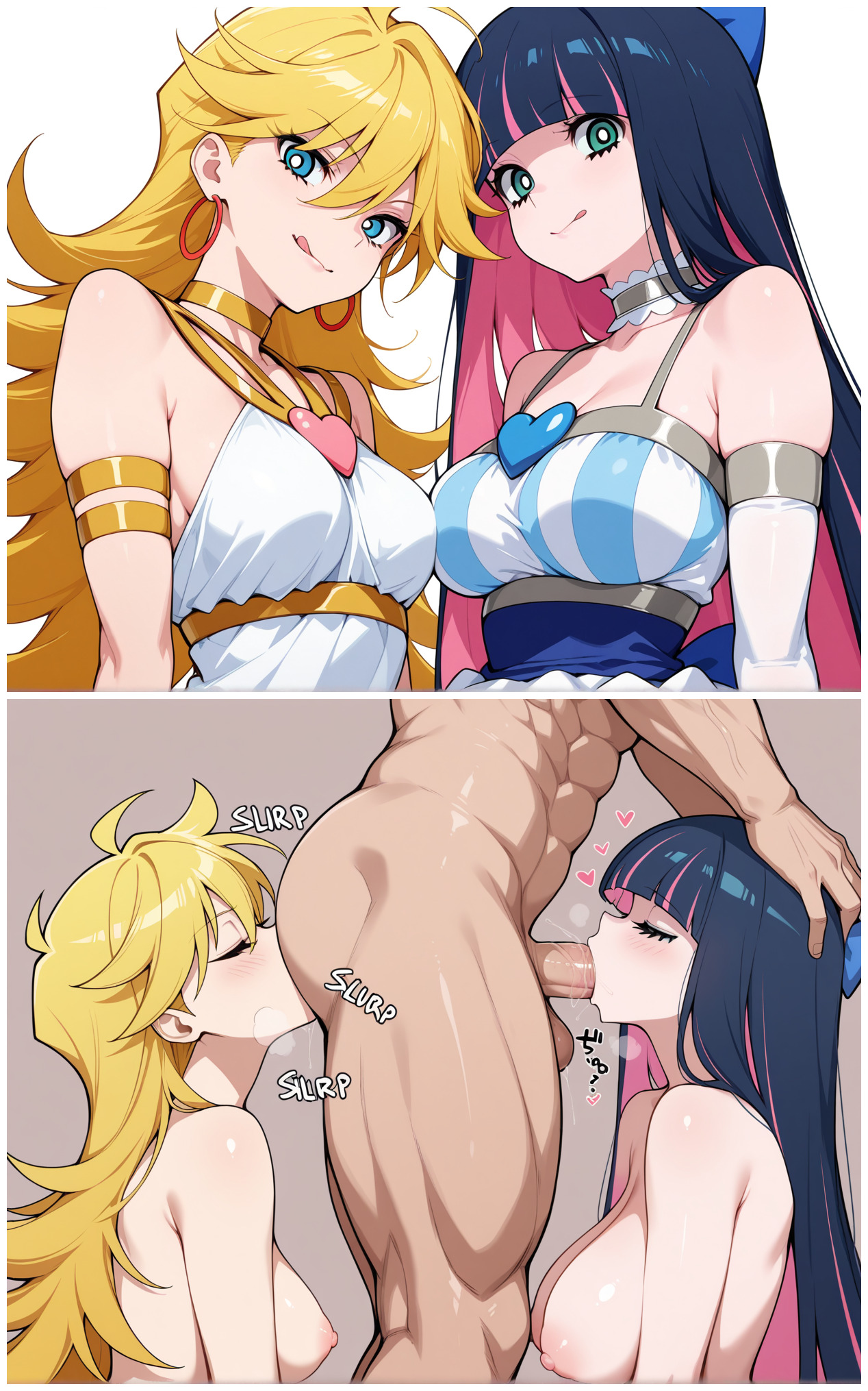 2koma, ahoge, ai generated, anilingus, blonde hair, blowjob, blue eyes, blue hair, blunt bangs, bow, breasts, choker, closed eyes, dress, earrings, faceless male, fellatio, female, ffm, ffm threesome, group, group sex, hair between eyes, hair ribbon, hand on another's head, hand on head, heart, heavy breathing, hoop earrings, juxtaposition, licking lips, long hair, looking at viewer, male, multicolored hair, muscular, muscular male, naked, nipples, notreallyhere, nude, oral, oral sandwich, panty & stocking with garterbelt, panty anarchy, pink hair, rimming, rimming male, simple background, sound effects, stocking anarchy, threesome, two-tone hair, unseen male face