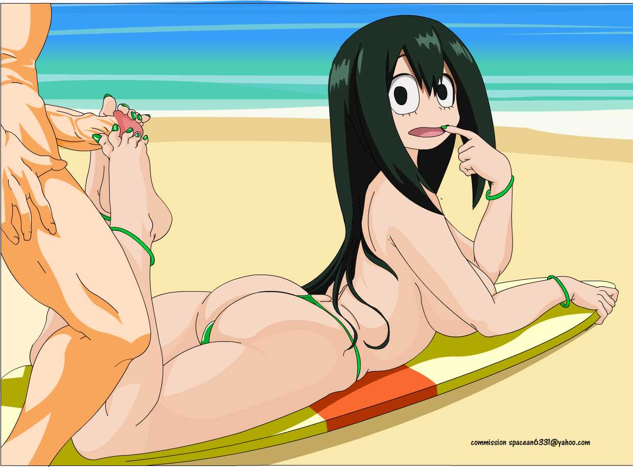 beach, bikini, feet, female, foot fetish, footjob, green toenails, male, my hero academia, on stomach, open mouth, painted nails, soles, spaceman6331, thong, toes, tsuyu asui, unseen male face
