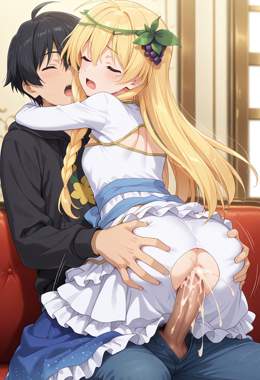 1boy, 1girls, ai generated, anal, ass, ass grab, cum, cum in ass, female, iris (konosuba), kono subarashii sekai ni shukufuku wo!, long hair, male, moaning, penis, what, yellow hair