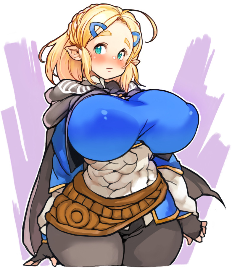 1girls ahoge big_breasts black_cape black_gloves black_pants blonde_hair blue_hairclip blue_shirt blush blush breasts_bigger_than_head cape colored elf_ears female fingerless_gloves fully_clothed girl gloves hairclip hairclips himazin88 large_breasts looking_at_viewer nipple_bulge pants pointy_ears princess_zelda purple_background shaded shirt simple_background solo solo_female teal_eyes the_legend_of_zelda the_legend_of_zelda:_breath_of_the_wild white_background zelda_(breath_of_the_wild)