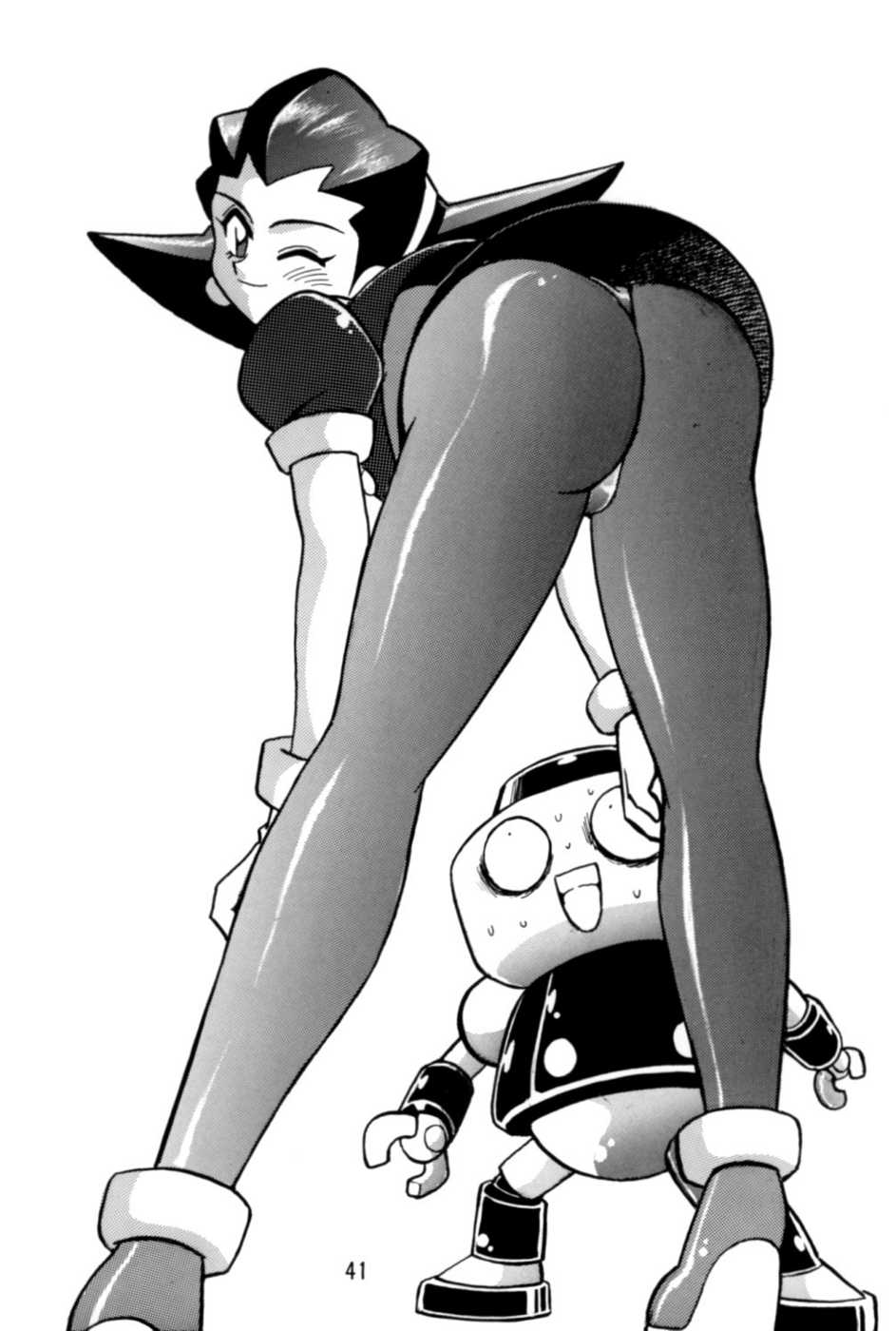 1girls 1robot ass ass_up black_and_white black_hair blush boots dark_hair dress female gloves high_heel_boots kobun leaning_forward legs long_legs looking_at_viewer manabe_jouji medium_ass medium_hair mega_man mega_man_legends no_sex page_41 page_number panties pantyhose pinup rear_view robot shocked sweat teen teenage_girl teenager thong tron_bonne white_gloves winking winking_at_viewer