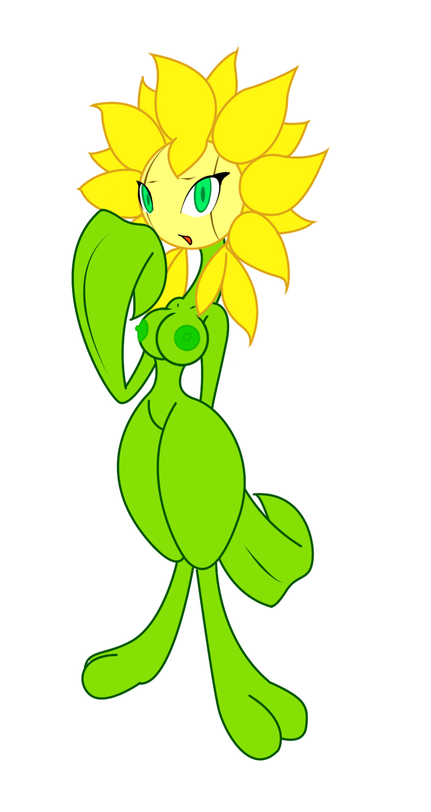 anthro breasts color female female_only flora_fauna front_view gb_of_bs green_skin nintendo nipples nude pokemon solo standing sunflora tagme