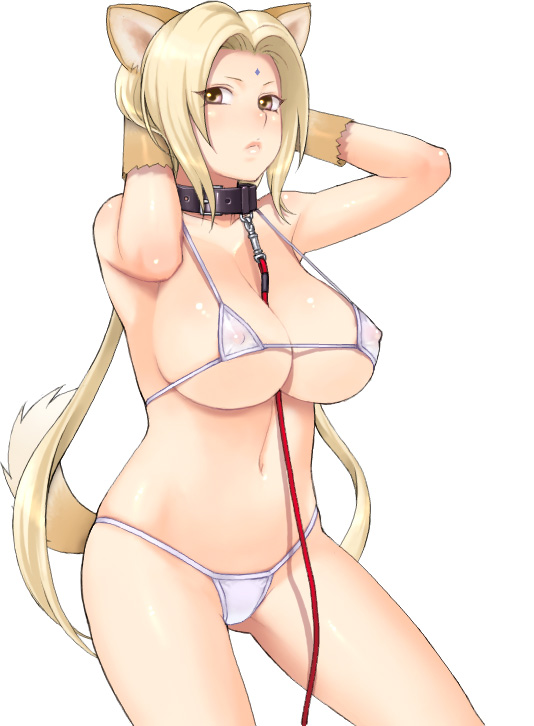 1girls animal_ears bikini blonde_hair breasts cat_ears cat_tail collar erect_nipples fake_animal_ears fake_tail female female_only forehead_jewel gloves huge_breasts large_breasts leash leash_between_breasts long_hair looking_at_viewer micro_bikini midriff milf naruto naruto_(series) navel nipple_bulge panties solo swimsuit tail thong thong_bikini tied_hair tsunade twintails underwear white_bikini white_swimsuit yellow_eyes yuzuriha_(active_homing) zangyura