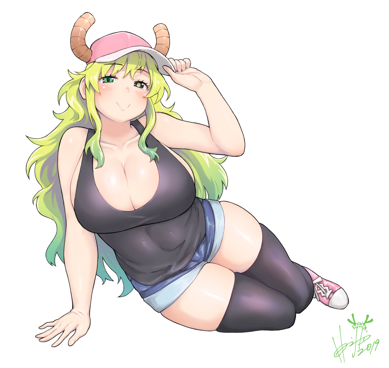 1girls, aqua hair, arm support, baseball cap, black legwear, black shirt, blonde hair, blush, breasts, cleavage, female, green eyes, hand on headwear, hat, heterochromia, horns, huge breasts, long hair, looking at viewer, miss kobayashi's dragon maid, multicolored hair, oppai, purple eyes, quetzalcoatl (dragon maid), shirt, shoes, short shorts, shorts, simple background, sitting, skindentation, sleeveless, sleeveless shirt, smile, sneakers, tank top, thighhighs