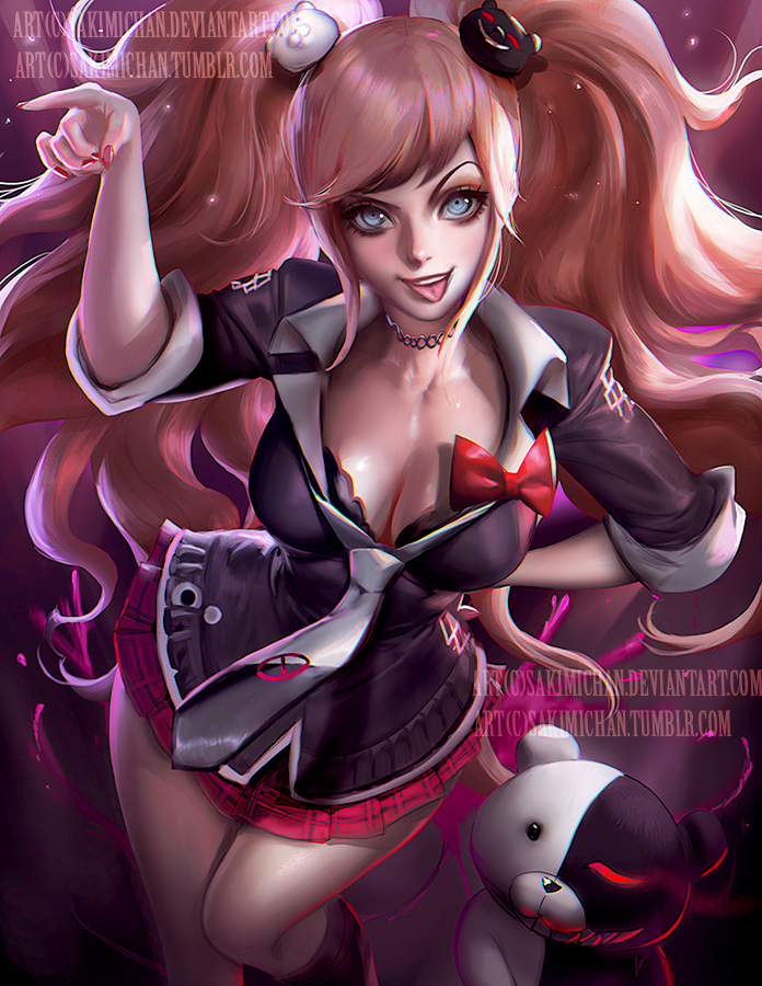 blonde hair, blue eyes, bra, bra cups sticking out, breasts, choker, cleavage, danganronpa, female, gyaru, hair ornament, junko enoshima, nail polish, plush, ribbon, sakimichan, skirt, smile, smooth skin, standing, strawberry blonde hair, tie, tied hair, tongue, tongue out, twintails