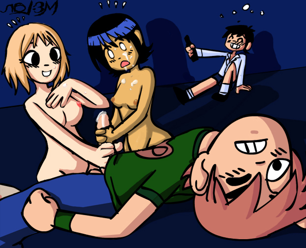 2boys 2girls breasts clothed cum cum_on_breasts cum_on_face facial feet_out_of_frame female group_sex handjob knives_chau lisa_miller male mob_face nalem nude penis scott_pilgrim scott_w_pilgrim straight threesome wallace_wells