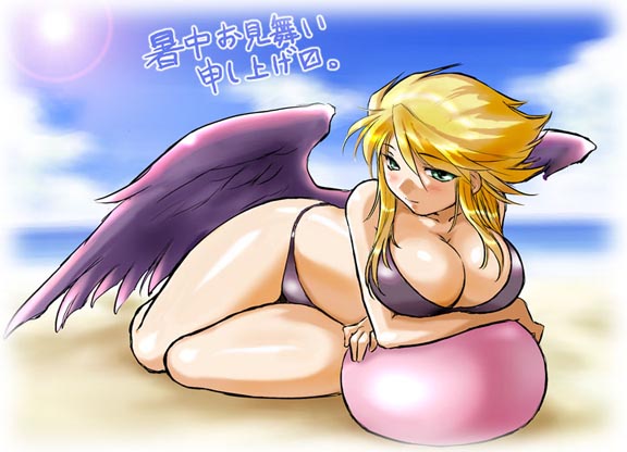 1girls angel_wings ball bb beach beach_ball bikini blonde_hair breast_hold breasts breath_of_fire breath_of_fire_ii cleavage crossed_arms curvy dr.p female huge_breasts large_breasts legs nina_(breath_of_fire_ii) p&p shochuumimai solo swimsuit thighs translated translation_request wide_hips wings