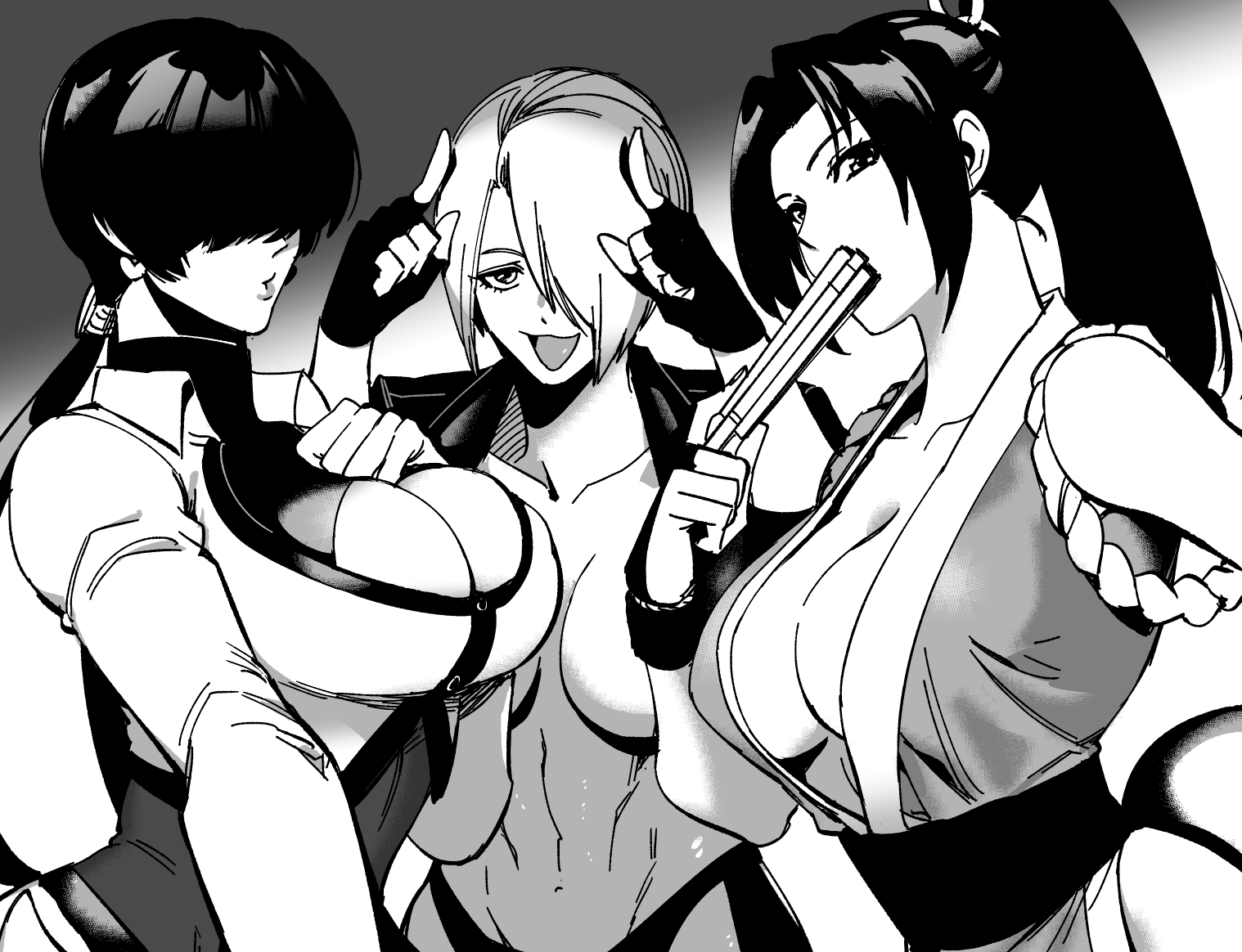 3girls, angel (kof), boob window, breasts, cleavage, cleavage cutout, deep cleavage, fatal fury, female, gamzamugur, hair over eyes, hair over one eye, hand fan, hands on own chest, holding, holding fan, king of fighters, large breasts, looking at viewer, mai shiranui, multiple females, multiple girls, ninja, ponytail, shermie (kof), snk