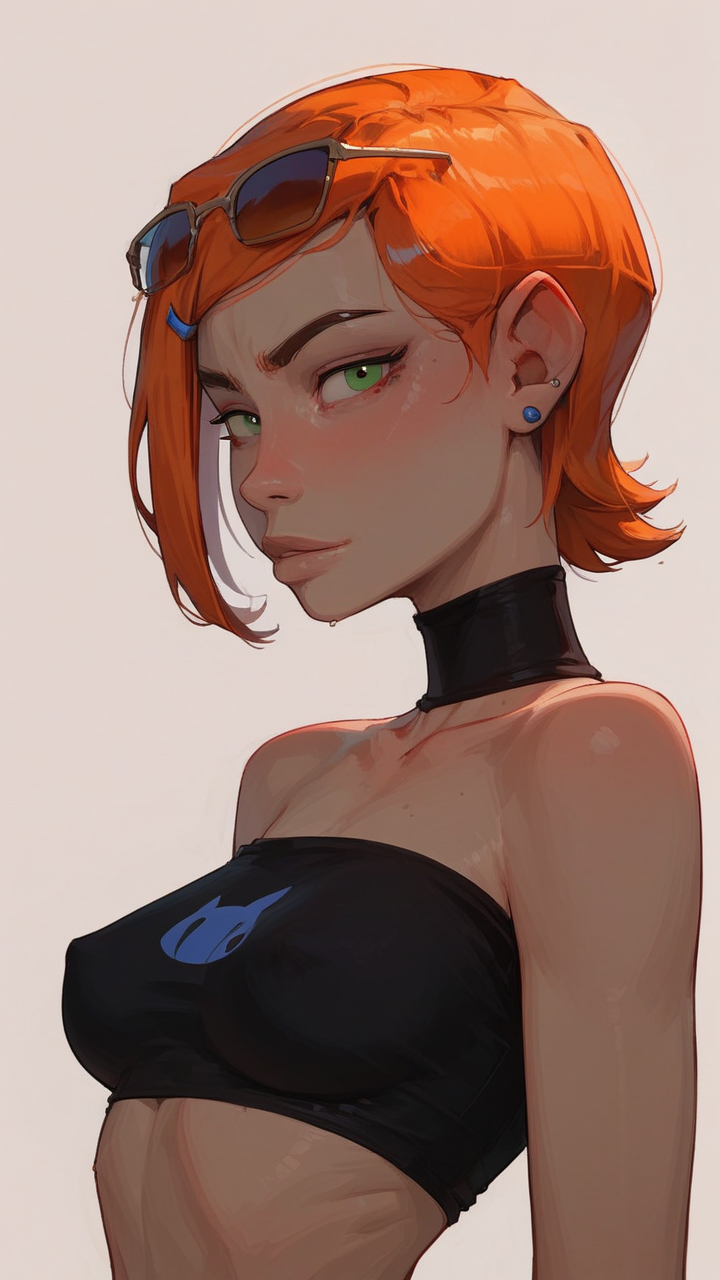 1girl ai_generated ben_10 black_bandeau black_choker blue_earing blue_hairclip choker erect_nipples_under_clothes green_eyes gwen_tennyson meat_master medium_breasts nipples orange_hair pursed_lips skinny white_background