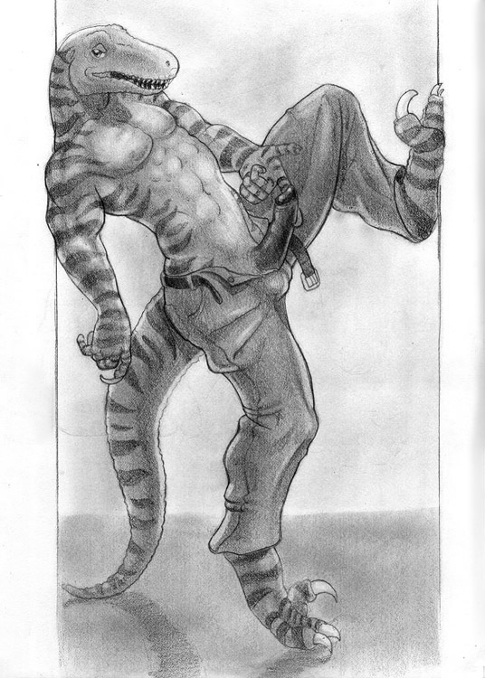 2008 3_toes 5_fingers abs anthro arjuna balls barefoot belt biceps biped claws clothed clothing dinosaur erection full-length_portrait glans greyscale humanoid_penis long_claws long_tail looking_at_viewer male male_only monochrome muscular muscular_male on_one_leg open_mouth open_pants pants pecs pencil_(artwork) penis pillarbox portrait raised_leg raptor scalie side_view solo standing striped_scales striped_tail stripes teeth theropod toe_claws toes topless traditional_media_(artwork)