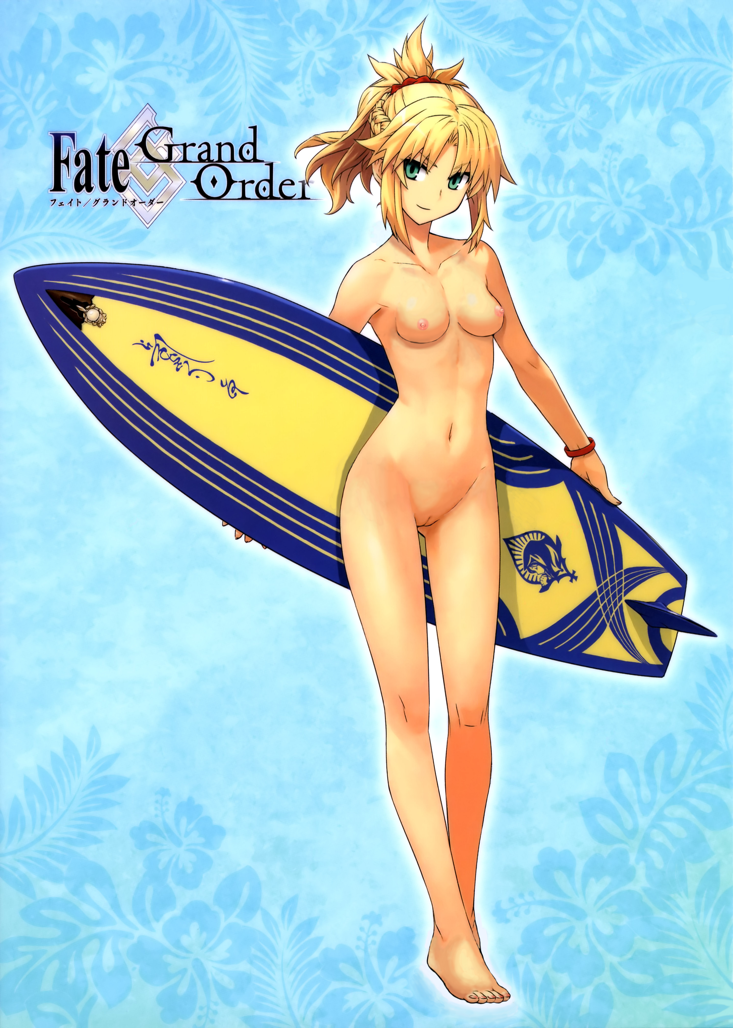 absurdres, ass visible through thighs, blonde hair, breasts, collarbone, copyright name, fate (series), fate/apocrypha, fate/grand order, feet, female, full body, green eyes, groin, high ponytail, highres, holding, konoe ototsugu, long hair, mordred (fate), mordred (swimsuit rider), navel, nude, nude filter, photoshop, ponytail, pussy, small breasts, solo, toes, uncensored