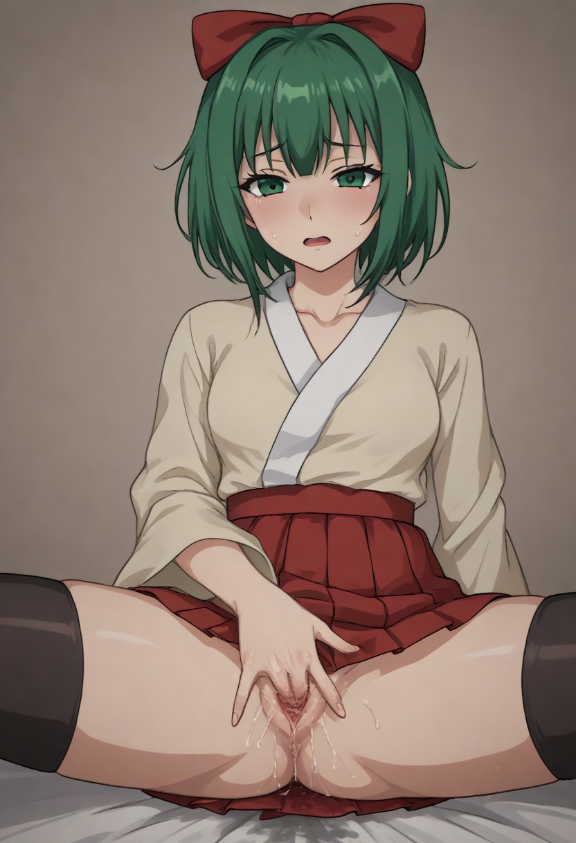 1girls ai_generated black_thigh_socks black_thighhighs female female_masturbation female_only fingering fingering_pussy fingering_self green_eyes green_hair hairbow hakama_skirt kitsune_no_yomeiri_(vocaloid) mai_shishikusa masa_works_design masturbating mjdennsfw oni_to_kitsune_no_hanashi open_mouth pussy_juice pussy_play red_bow red_skirt solo solo_female spread_legs thighhighs white_kimono