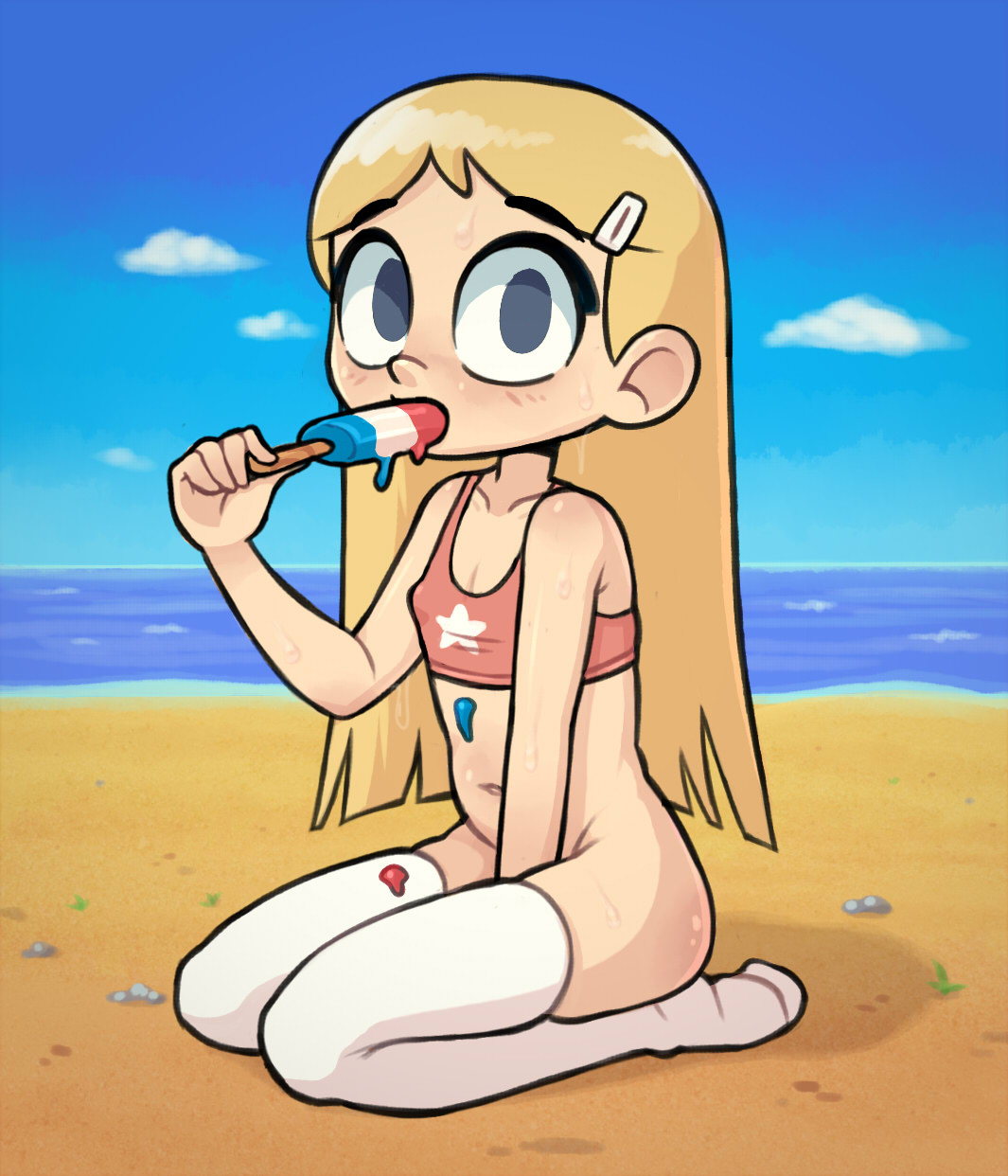 aged_up belly belly_button blush breasts cleavage clothed clothing erect_nipples erect_nipples_under_clothes erection erection_under_clothes hair hairclip hilda_(series) kelly_(hilda) leggings legs legwear marra netflix nipples popsicle star teenager thighhighs thighs yep_melon