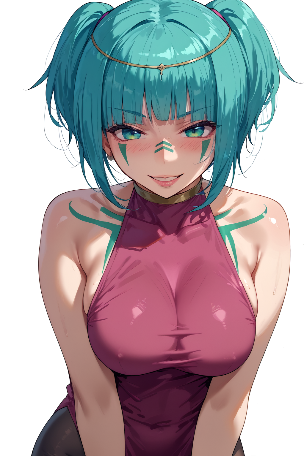 1girls ai_generated aqua_eyes aqua_hair bare_shoulders blunt_bangs blush breasts covered_nipples dress ergonomic_hero_(vocaloid) facial_mark female female_only hair_ornament hair_tie hatsune_miku jewelry large_breasts looking_at_viewer maha_no_hanashi masa_works_design milua mv_character pantyhose self_upload short_twintails simple_background sleeveless sleeveless_dress smile solo solo_female sweat tattoo teal_hair twintails vocaloid white_background