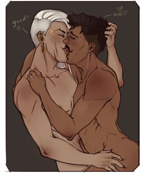 2boys abs ass bara biceps black_hair dark-skinned_male dark_hair dark_skin dialogue dorian_pavus dragon_age dragon_age_inquisition duo ear_piercing earrings erection facial_hair french_kiss gay gay_male hair_grab human human_only kissing light-skinned_male light_skin long_hair looking_at_partner looking_pleasured mage male male/male male_only moustache muscles muscular muscular_male naked naked_male nude nude_male original_character pecs penis piercing smooth_chest speech standing standing_position tagme_(artist) text unknown_artist video_games white_hair yaoi