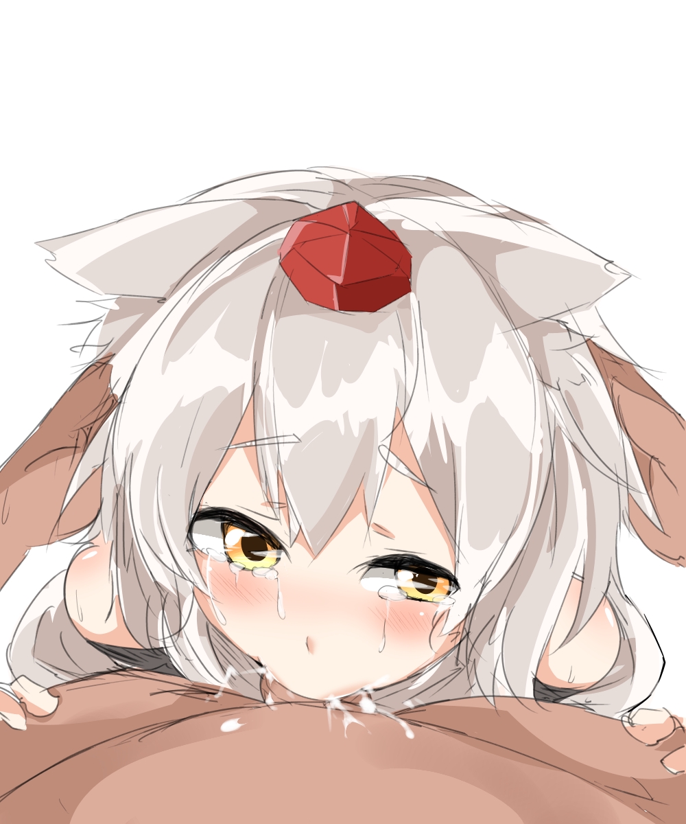 1boy animal_ear_fluff animal_ears blush commentary_request crying crying_with_eyes_open cum cum_in_mouth deepthroat fellatio female grey_hair hat highres houkai_(collapse_illust) inubashiri_momiji irrumatio looking_at_viewer open_mouth oral penis pov pov_crotch pov_hands red_hat short_hair simple_background solo_focus straight tears textless_version tokin_hat touhou white_background wolf_ears wolf_girl yellow_eyes