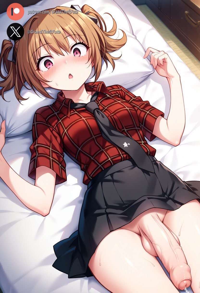 1futa ai_generated bed bedroom big_penis blush brown_hair clothed dickgirl embarrassed flaccid foreskin from_above futa_only futanari grisaia_(series) grisaia_no_kajitsu huge_cock indoors irisu_makina light-skinned_futanari light_skin lying_on_bed on_bed precum purple_eyes roxygtf small_breasts solo surprised sweat sweating sweaty_body twintails viewed_from_above