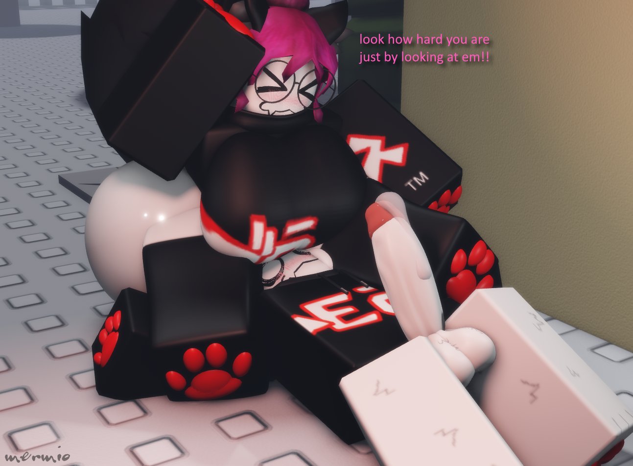 1boy 1girls 3d artist_name ass balls big_ass big_breasts big_penis breasts cat_boy cat_girl catboy catgirl cum english_text guest_(roblox) mermio penis precum precum_on_penis roblox robloxian tagme text watermark