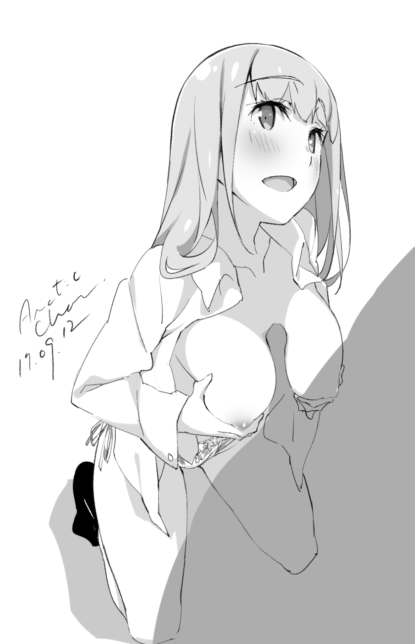 1boy artist_name bangs blush breasts collarbone dated dress_shirt eyebrows_visible_through_hair female greyscale highres kneeling large_breasts long_hair long_sleeves monochrome nipples no_bra open_clothes open_mouth open_shirt original paizuri panties penis shirt signature silhouette simple_background small_penis smile solo_focus straight tabata_hisayuki thighs underwear