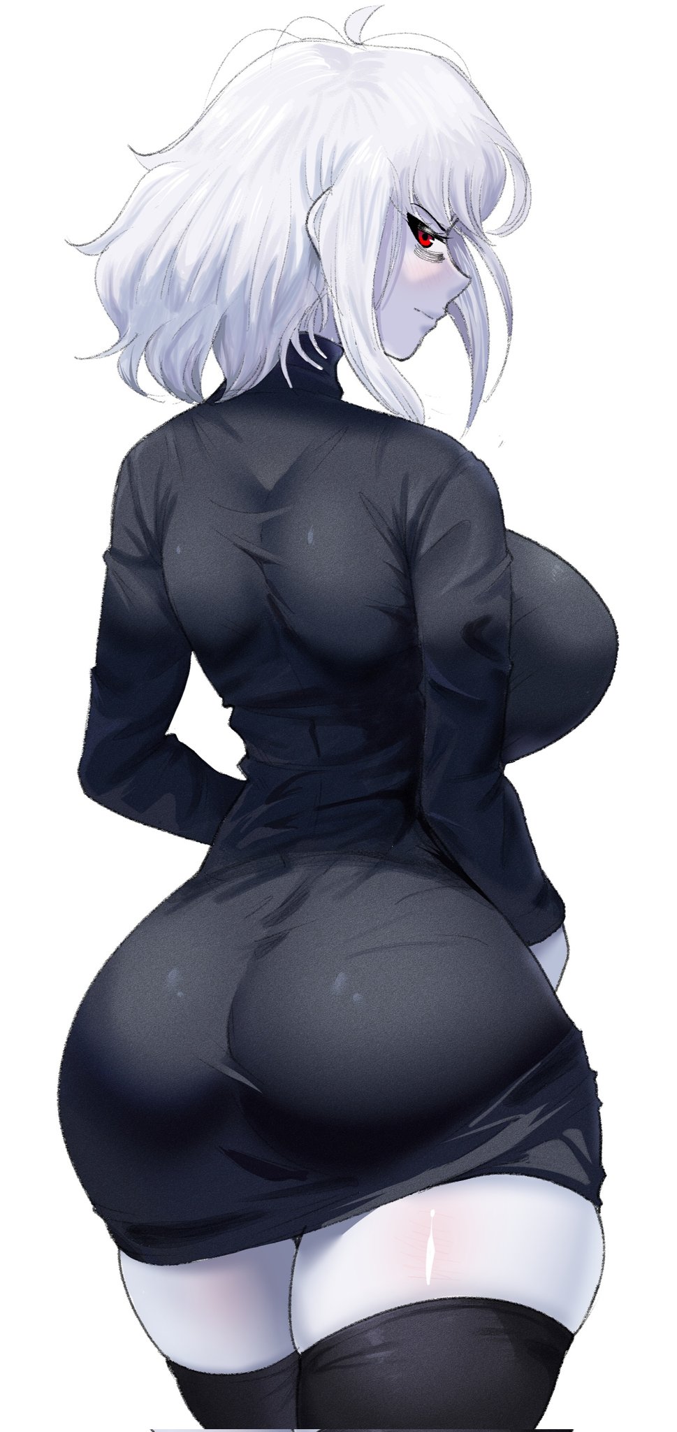 albina_(tidal) albino ass ass_focus back_view big_ass black_dress looking_at_viewer looking_back red_eyes simple_background skindentation thick_thighs thighhighs tidal_(artist) white_hair