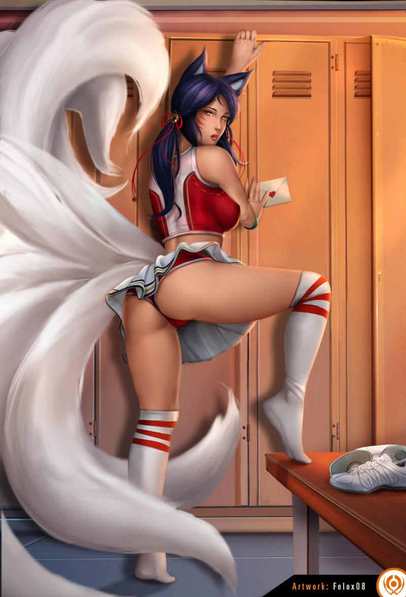 1girls, ahri, animal ears, artist name, back view, cheerleader, cheerleader ahri, felox08, female, hair ornament, knee up, kneehighs, league of legends, locker room, looking at viewer, multi tail, pantyshot, posing, shoes removed, skirt, solo, tail, upskirt, whisker markings, yellow eyes