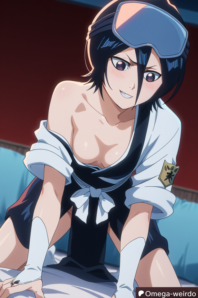 1girl1boy ai_generated black_hair bleach bleach:_the_thousand-year_blood_war clothing_aside dark_eyes female gloves goggles_on_head kimono kuchiki_rukia omega-weirdo patreon posing posing_for_the_viewer short_hair small_breasts smile