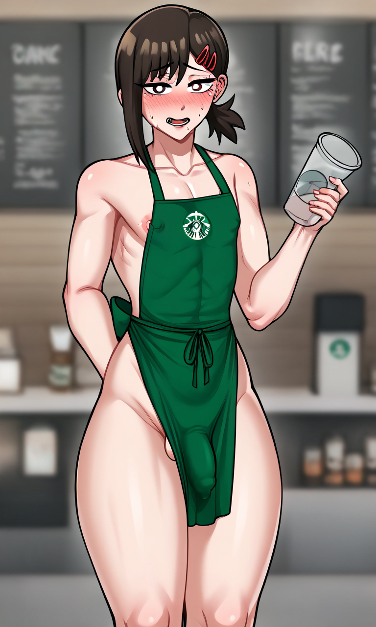 ai_generated apron bulge chainsaw_man femboy green_clothing kobeni_higashiyama starbucks tagme thick_thighs visible_balls zlendyvr34