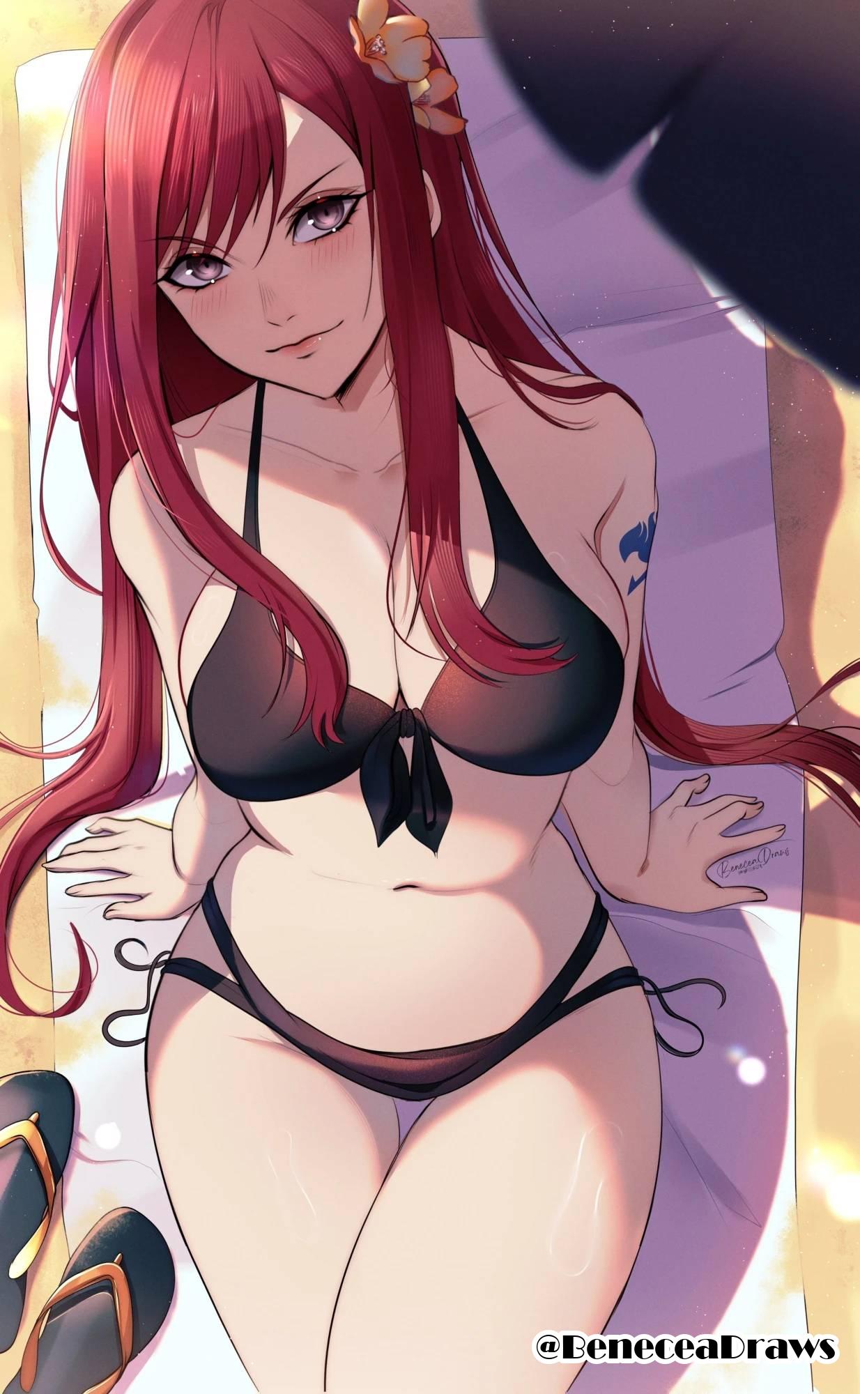 1girls, 2d, 2d (artwork), 2d artwork, adult, adult female, arm support, arm tattoo, bare arms, bare belly, bare chest, bare hands, bare hips, bare legs, bare midriff, bare navel, bare shoulders, bare skin, bare thighs, beach, belly, belly button, beneceadraws, big boobs, big breasts, bikini, bikini bottom, bikini only, bikini top, black bikini, black bikini bottom, black bikini top, black footwear, black sandals, black swimsuit, black swimwear, blush face, blushing, blushing female, blushing lines, breasts, brown eyes, brown-eyed female, busty, busty female, busty girl, cleavage, closed mouth smile, collarbone, curvaceous, curvaceous body, curvaceous female, curvaceous figure, curvaceous hips, curvy, curvy body, curvy female, curvy figure, curvy hips, digital, digital art, digital drawing, digital drawing (artwork), digital media, digital media (artwork), drawing, erza scarlet, exposed arms, exposed belly, exposed chest, exposed hips, exposed legs, exposed midriff, exposed navel, exposed shoulders, exposed skin, exposed thighs, fairy tail, female, female focus, female only, fingernails, fingers, flower, flower hair ornament, flower in hair, flower on head, footwear, from above, front-tie bikini, front-tie bikini top, groin, hair ornament, halterneck, head tilt, high resolution, highres, hourglass figure, inguinal crease, inguinal ligament, large boobs, large breasts, lean figure, legs closed, legs together, lips, long hair, looking at viewer, looking up, looking up at viewer, mature, mature female, midriff, narrow waist, navel, red hair, red-haired female, sand, sandals, shoulders, side-tie bikini, sitting, slender body, slender waist, slim female, slim waist, smile, smiley face, smiling, smiling at viewer, solo, string bikini, swimsuit, swimwear, tattoo, tattoo on arm, tattoo on arms, tattooed, tattooed arm, tattooed arms, tattooed female, tattooed girl, thick thighs, thigh gap, thighs, thighs together, tilted head, upper body, very long hair, very long hair female, wide hips