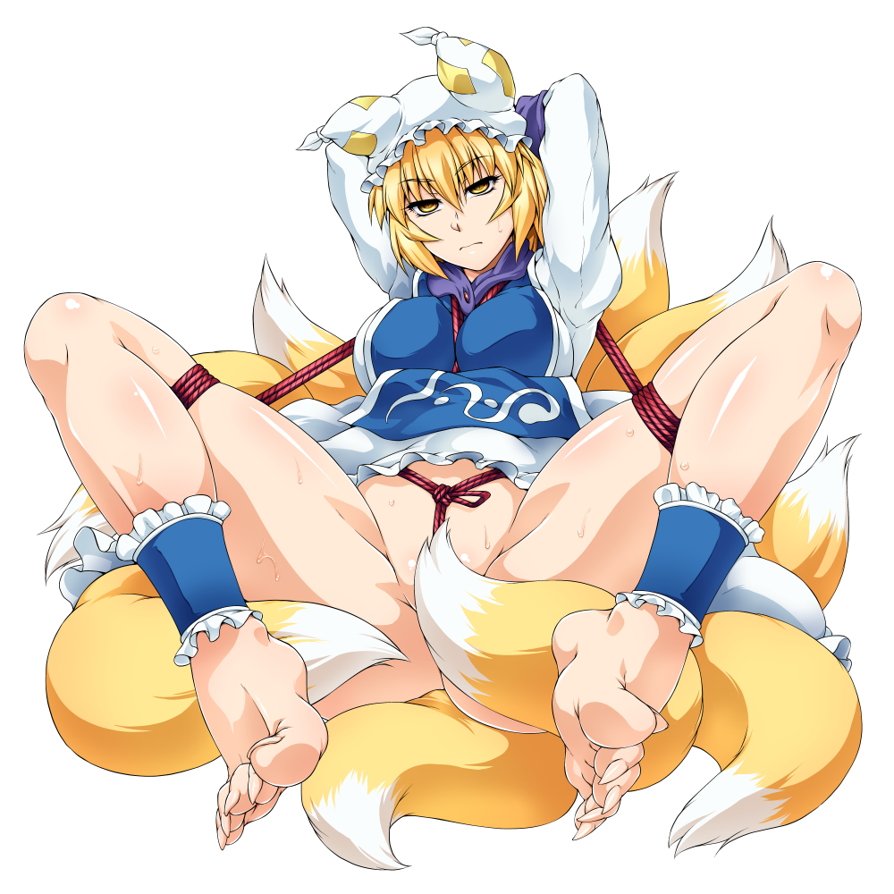 >:( 1:1 ankle_cuffs arms_behind_head arms_up bangs barefoot blonde_hair bondage bottomless breasts censored closed_mouth convenient_censoring crotch_rope dress eyebrows_visible_through_hair feet female female_only femsub foreshortening fox_tail full_body hat kyuubi large_breasts long_sleeves looking_at_viewer multiple_tails ootsuki_wataru paipan partially_visible_vulva pillow_hat ran_yakumo restrained sharp_toenails shibari_over_clothes short_hair skindentation solo spread_legs sweat tabard tail tassel toenails toes touhou transparent_background white_dress yellow_eyes