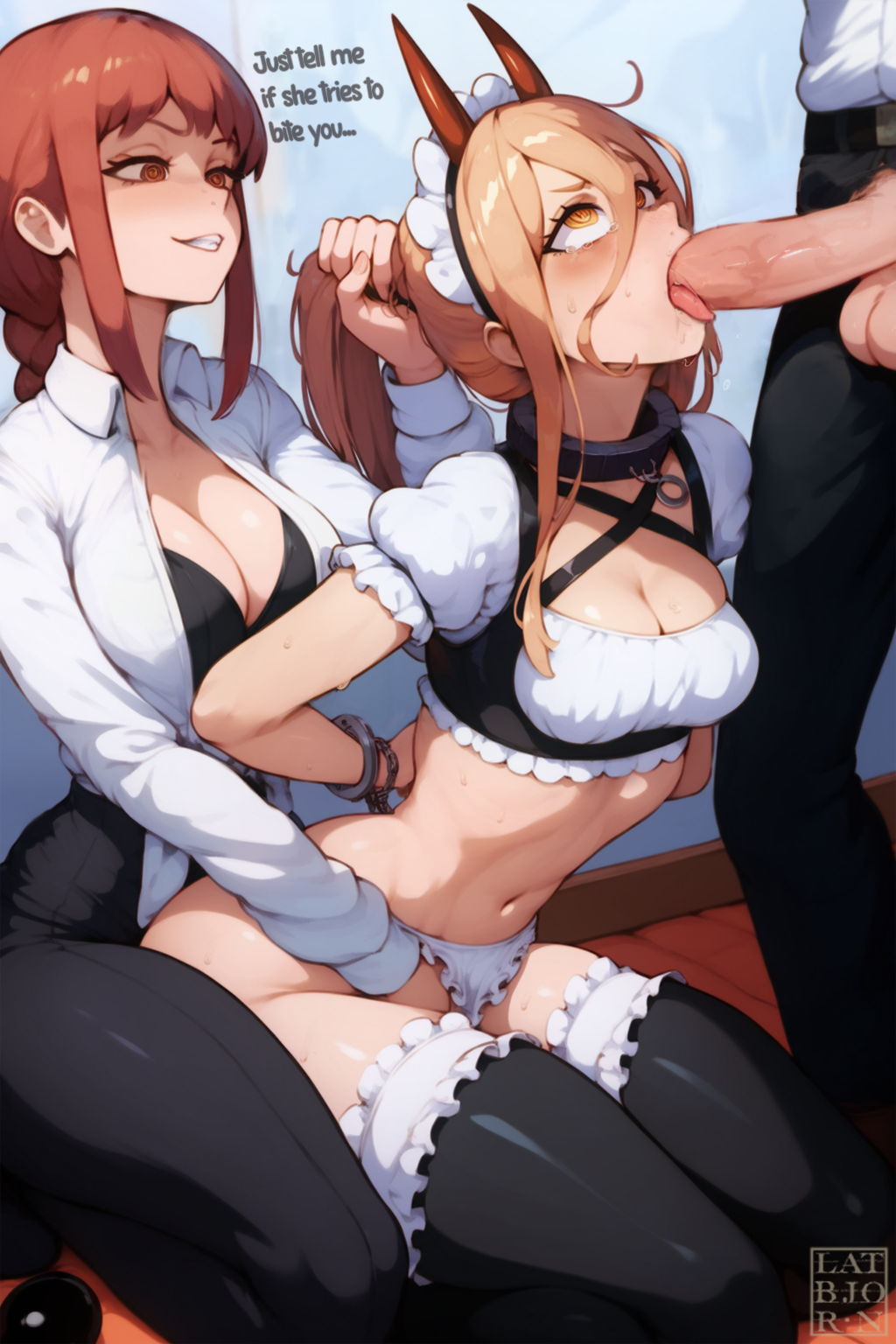 1boy 2girls ai_generated arms_behind_back assisted_fellatio black_clothes black_legwear black_neckwear black_pants black_thighhighs black_underwear blonde_hair blush bondage bra braid braided_ponytail breasts chainsaw_man cleavage clothing collar demon_horns denji_(chainsaw_man) english_language english_text erection fellatio female ffm_threesome frills futanari grabbing_another's_hair grin group group_sex hair_between_eyes headdress headwear high_resolution horns intersex kneeling large_breasts latbjorn_ai legwear light-skinned_female light_skin long_hair long_sleeves looking_at_another maid maid_headdress makima_(chainsaw_man) male medium_breasts multiple_girls navel neckwear open_mouth oral orange_eyes pants pantsu penis ponytail power_(chainsaw_man) red_hair red_horns ringed_eyes saliva sex sharp_teeth shirt short_sleeves sitting smile straight symbol-shaped_pupils teeth testicles text thighhighs thighs threesome tied_hair tongue tongue_out underwear uniform white_shirt yellow_eyes