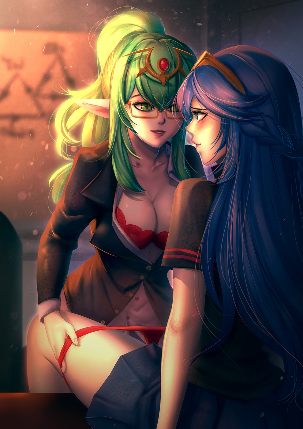 2girls alternate_costume bakki blouse blue_eyes blue_hair blurry blush bra bra_cups_sticking_out bra_peek braid breasts classroom cleavage collarbone couple depth_of_field desk down_blouse eye_contact female fire_emblem fire_emblem_awakening french_braid glasses green_eyes green_hair grin hair_between_eyes hair_ornament highres indoors jacket large_breasts lips lipstick long_hair looking_at_another lucina_(fire_emblem) makeup manakete multiple_girls nintendo on_desk open_clothes panties panty_pull parted_lips pointy_ears ponytail rectangular_glasses red_bra red_panties school_uniform sitting sitting_on_desk slit_pupils smile student teacher teacher_and_student tiara tiki_(adult)_(fire_emblem) tiki_(fire_emblem) underwear yuri