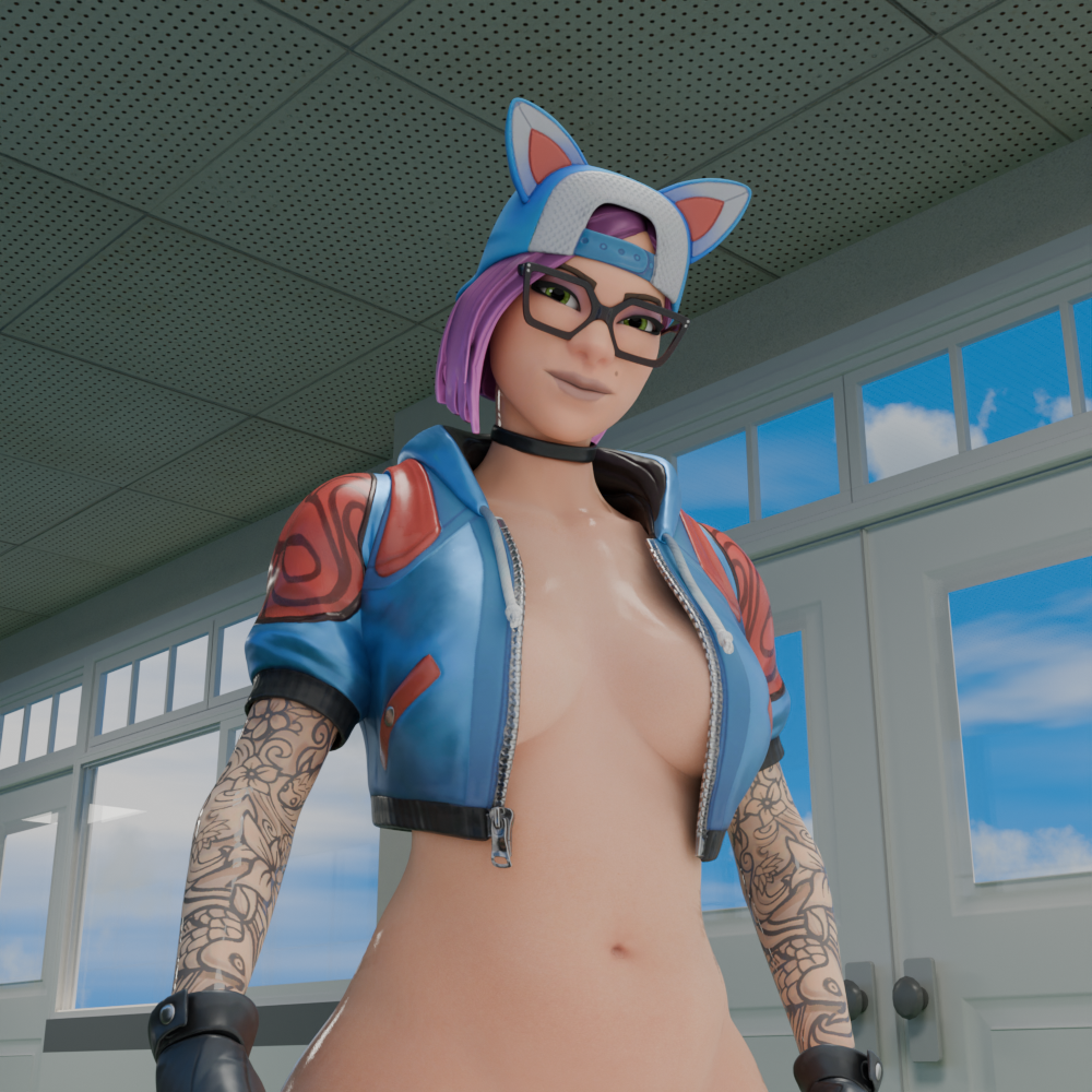 1girls 3d_(artwork) arm_tattoos big_breasts blender_(artwork) female female fortnite fortnite:_battle_royale glasses hi_res looking_at_viewer lynx_(fortnite) pink_hair plentysession