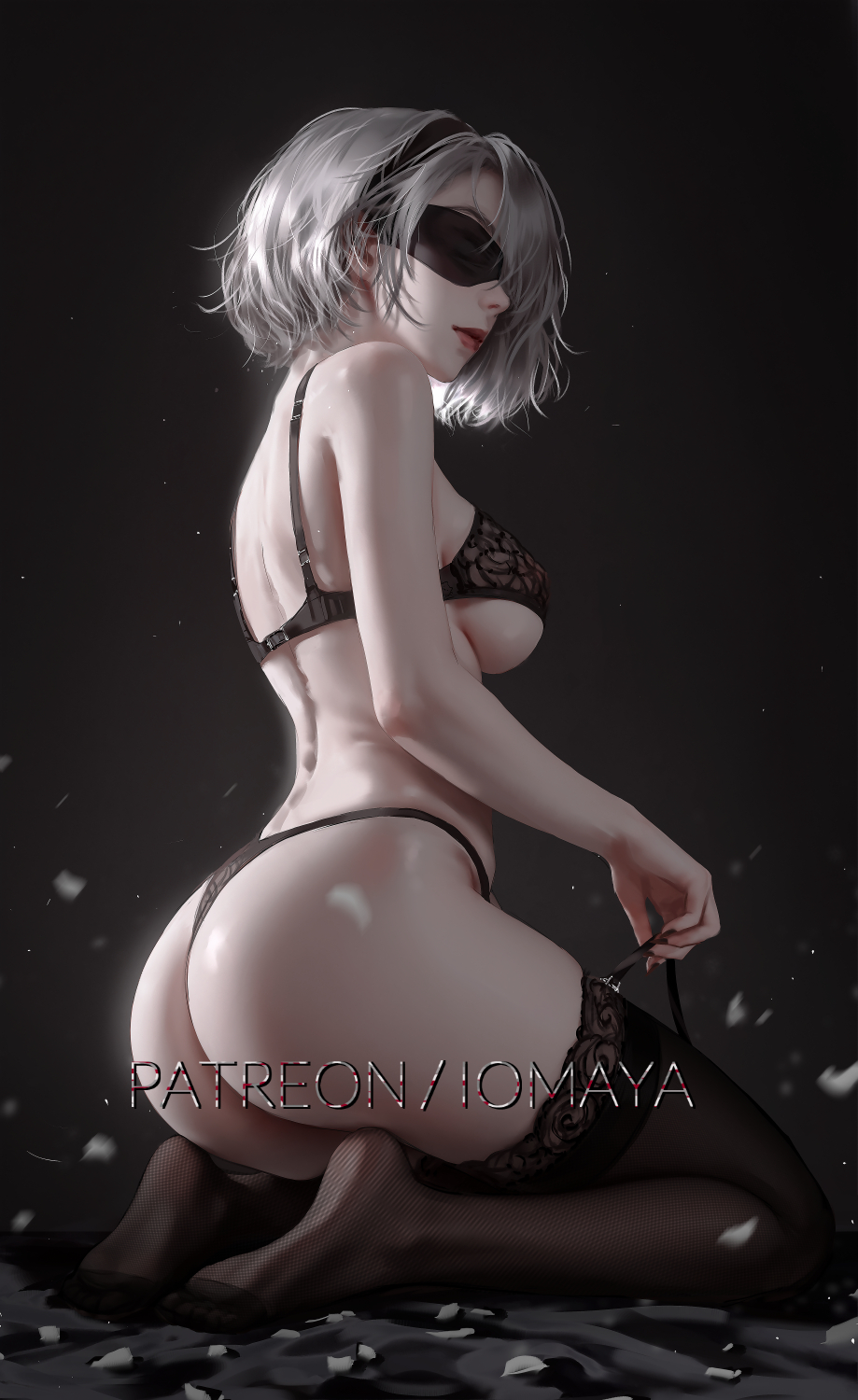 ass, bare ass, bare back, bare thighs, big ass, big breasts, black lingerie, bob cut, bra, breasts, feet, female, grey hair, headband, hourglass figure, iomaya, kneeling, lingerie, lingerie only, nier, nier (series), nier: automata, panties, side view, sideboob, sitting on knees, slim waist, stockings, thick thighs, underboob, underwear, white hair, wide hips, yorha 2b