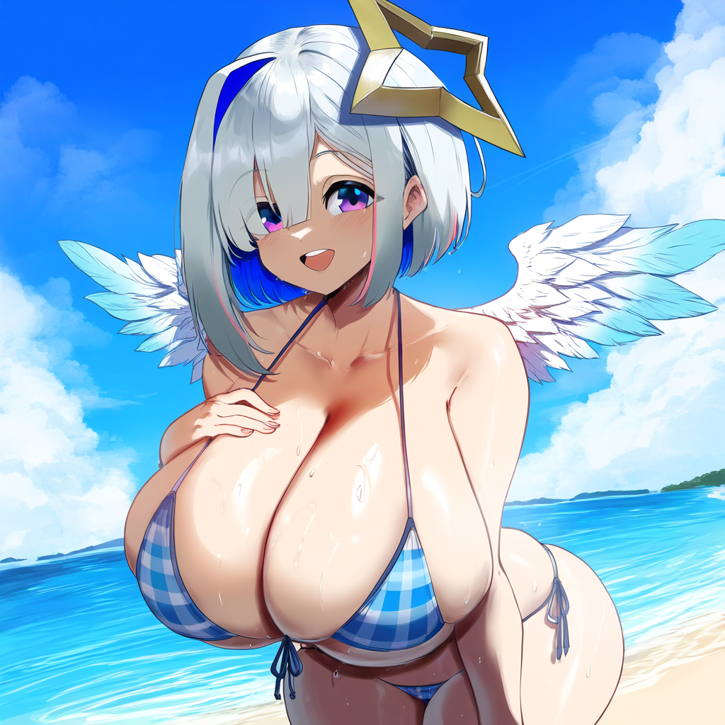 ai_generated amane_kanata ameanon angel angel_wings beach big_breasts bikini blue_hair breasts cleavage hololive hololive_japan huge_breasts large_breasts sideboob two_tone_hair underboob virtual_youtuber vtuber white_hair