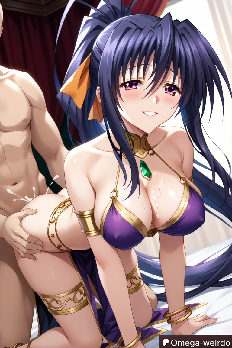 1girl1boy ai_generated akeno_himejima bed bedroom big_breasts black_hair cum dancer_outfit doggy_style doggy_style doggy_style_position female high_school_dxd long_hair omega-weirdo patreon pink_eyes ponytail sex smile