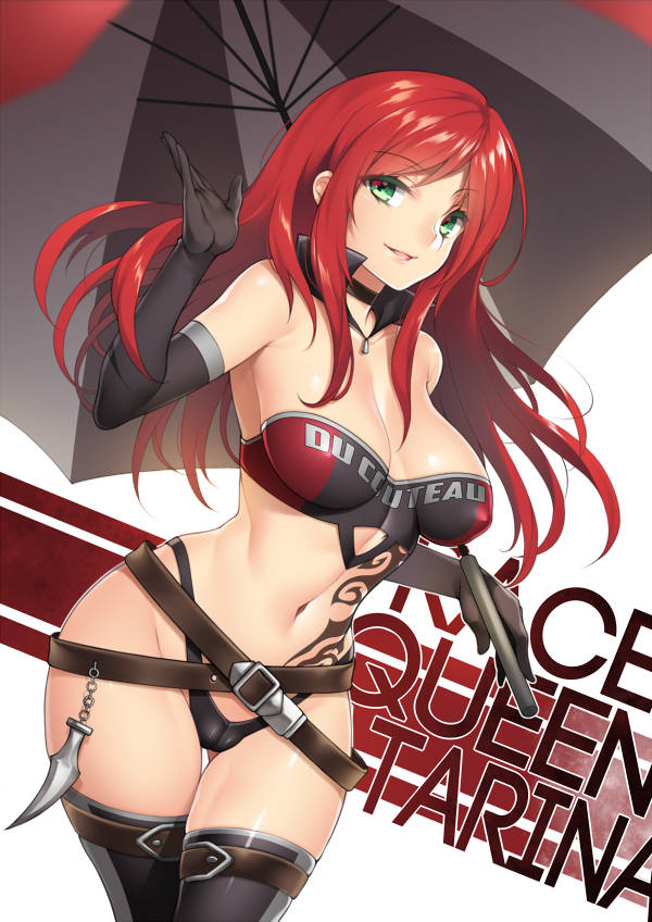 1girls belt big_breasts bikini black_bikini black_swimsuit breasts choker elbow_gloves fuyahana gloves green_eyes holding_umbrella katarina_du_couteau large_breasts league_of_legends long_hair looking_at_viewer midriff navel race_queen red_hair riot_games swimsuit tattoo thighhighs umbrella