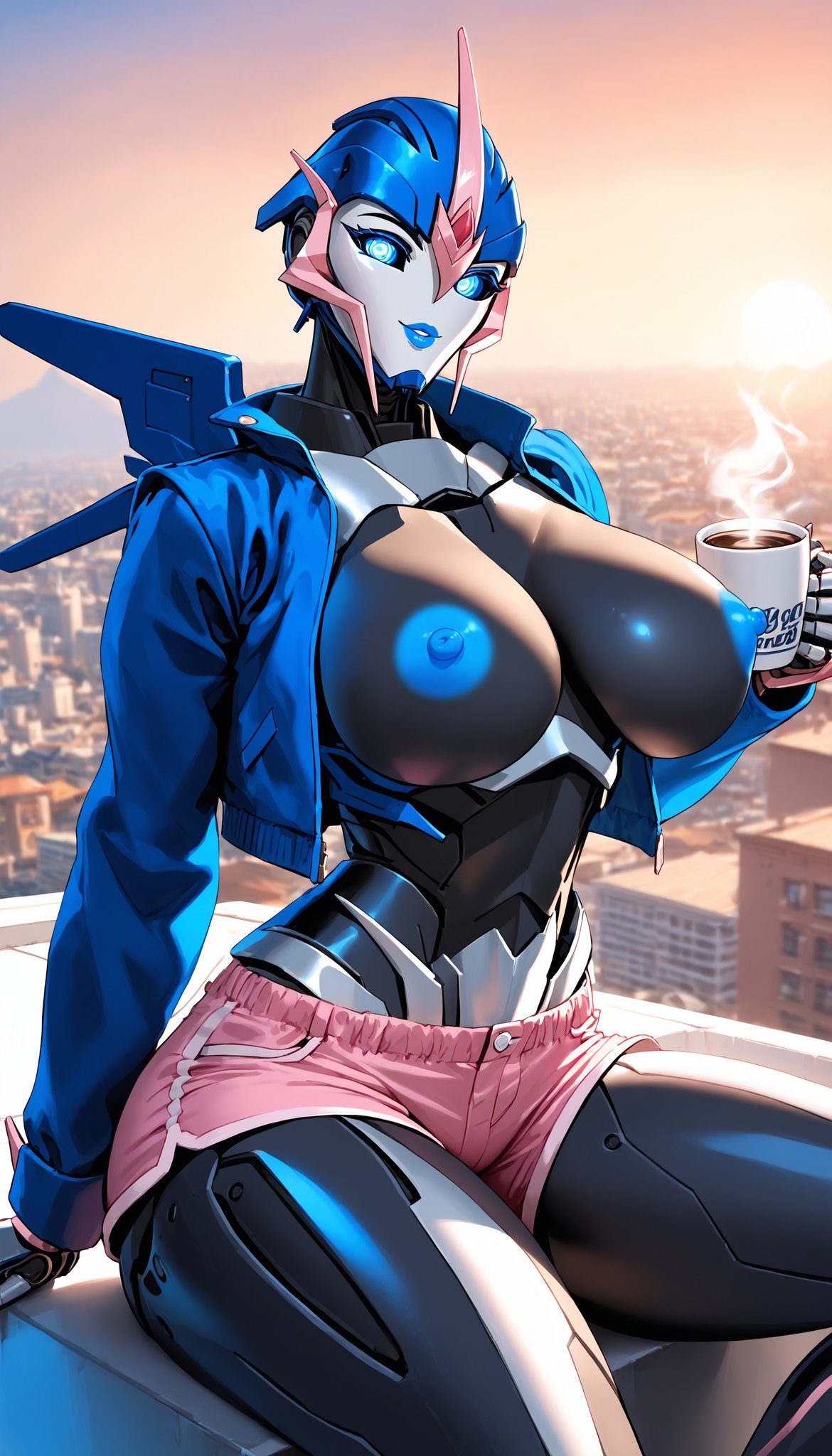 1girls 1robot_girl ai_generated arcee arcee_(prime) autobot big_breasts blue_eyes blue_nipples coffee looking_at_viewer nipples no_bra robot_humanoid roger1011 transformers transformers_prime