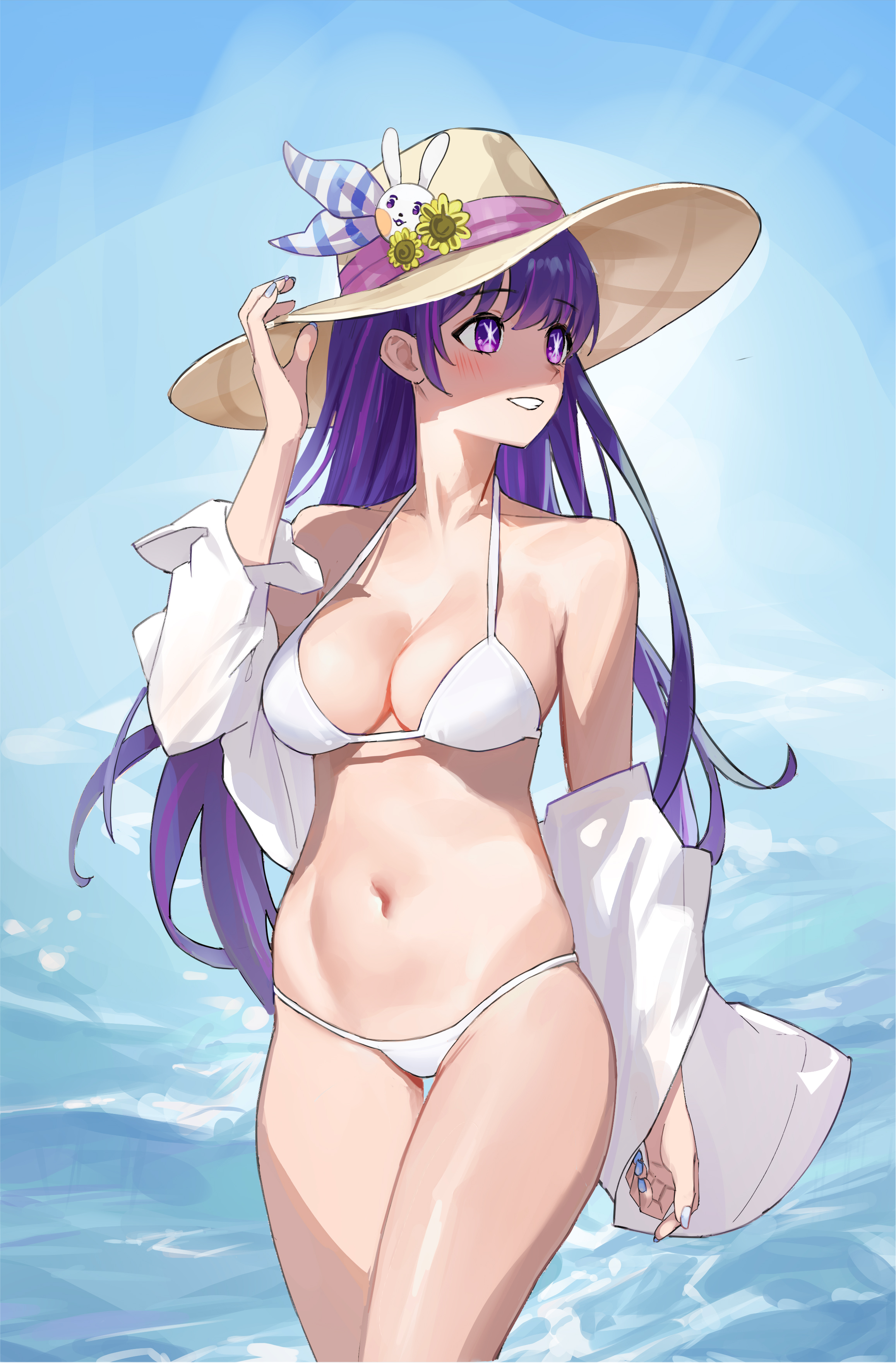 ass visible through thighs, bare arms, bare belly, bare legs, bare shoulders, bare thighs, belly button, big breasts, bikini, blue nails, blush, breasts, cleavage, collarbone, female, hat, hoshino ai, long hair, nail polish, ocean, oshi no ko, outdoors, parted lips, purple eyes, purple hair, seaside, shirt, smile, star shaped pupils, thighs, white bikini, white shirt, wudongyouyi