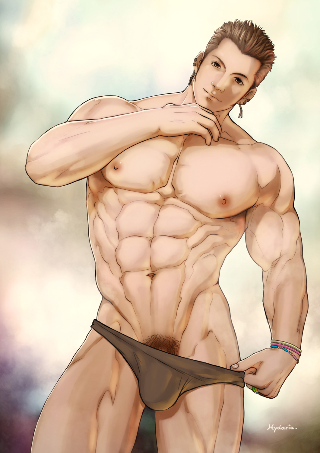 1boy abs balthier bara bracelet bracelets briefs briefs_only briefs_pull brown_eyes brown_hair bulge ear_piercing ear_ring earring earrings final_fantasy final_fantasy_xii grey_briefs grey_underwear human human_only hydaria light-skinned_male light_skin looking_at_viewer male male_focus male_only muscle muscular muscular_male muscular_thighs nipples pecs pectorals presenting pubic_hair solo solo_focus solo_male standing topless underwear underwear_only undressing