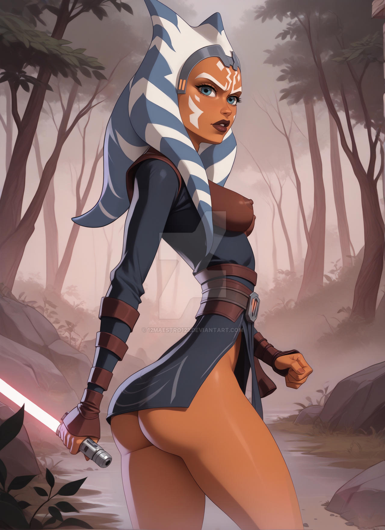 12maestro123 ahsoka_tano ai_generated alien ass blue_eyes breasts clenched_hand clenched_hands clothing colored_skin dark_nipples dress dual_wielding energy_sword facial_mark facial_tattoo female female_only forest gloves grass holding holding_object holding_sword holding_weapon lightsaber lips long_hair looking_at_viewer looking_back medium_breasts nature nipples orange_skin outdoors pantsu reverse_grip rock solo standing star_wars sword tattoo tentacle_hair thighs togruta tree underwear weapon white_hair