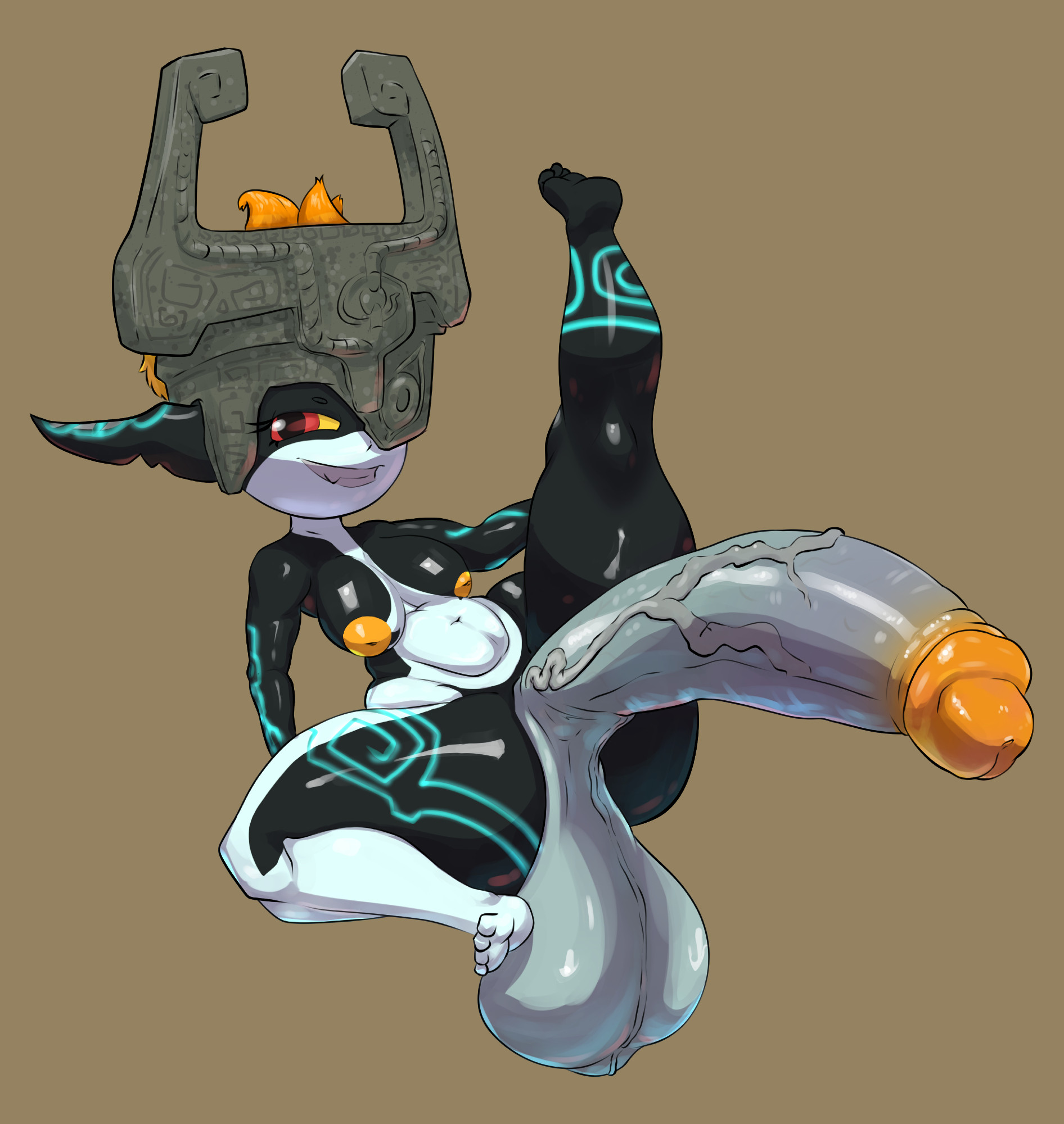 balls, fused shadow, futanari, huge balls, huge cock, huge penis, hyper penis, imp midna, intersex, inverted nipples, long ears, midna, one leg up, orange areolae, orange cock head, penis, pointy ears, red eyes, saggy balls, scrotal raphe, scrotum, scrotum flap, simple background, smug, smug face, solo futa, the legend of zelda, thick thighs, twilight princess, veiny penis, yellow sclera