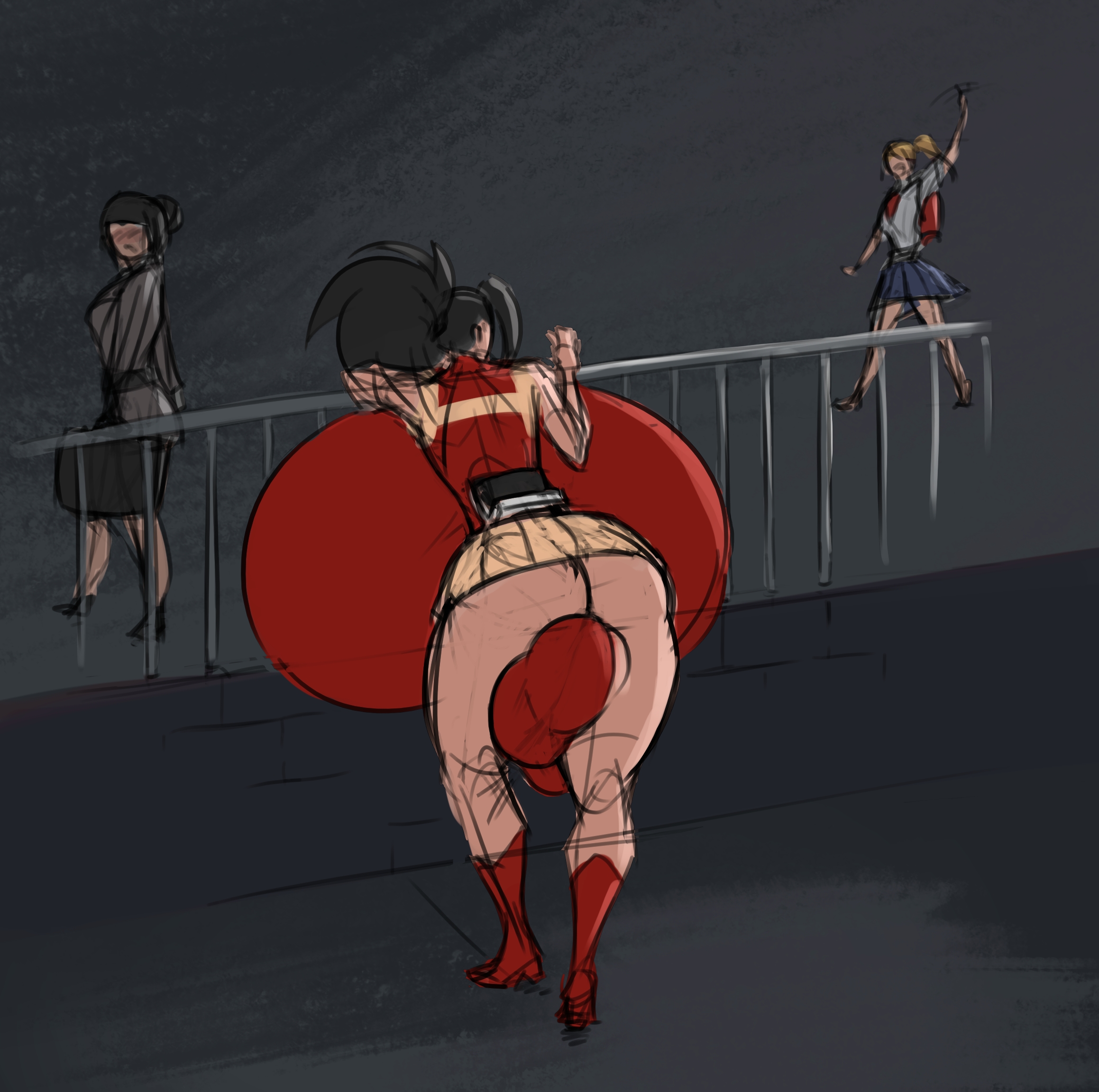1futa, 2girls, ass, balls, bananarama (artist), big ass, big balls, big breasts, blush, breasts, female, fully clothed, futa focus, futanari, giant breasts, gigantic breasts, huge balls, huge breasts, hyper, hyper balls, hyper breasts, intersex, massive balls, massive breasts, momo yaoyorozu, my hero academia, revealing clothes, staring, waving
