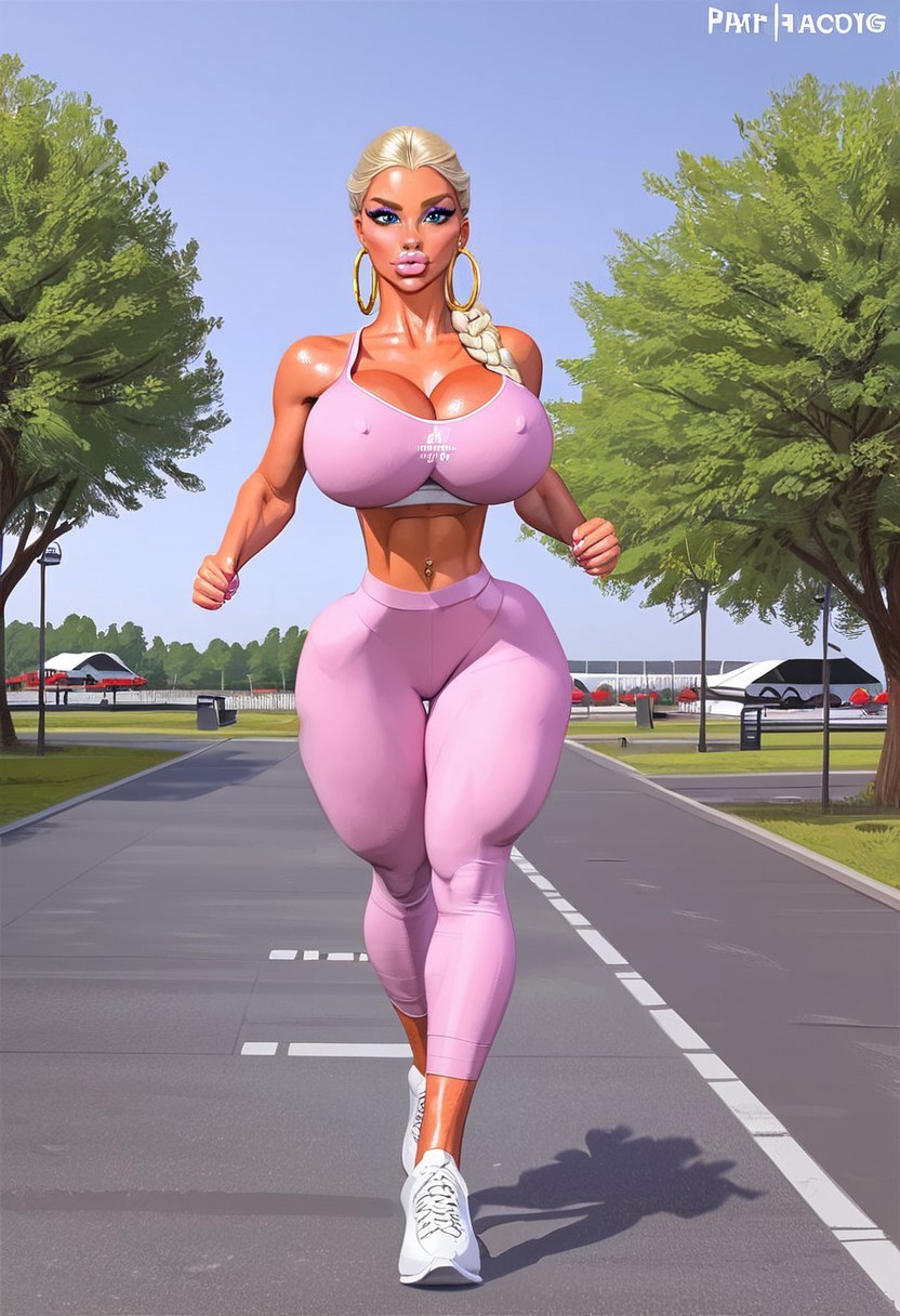 ai ai_generated bimbo bimbo_body bimbo_lips blonde_hair exercise exercise_clothing fake_breasts hoop_earrings hoop_earrings_oversized jogging outdoors running working_out yoga_pants