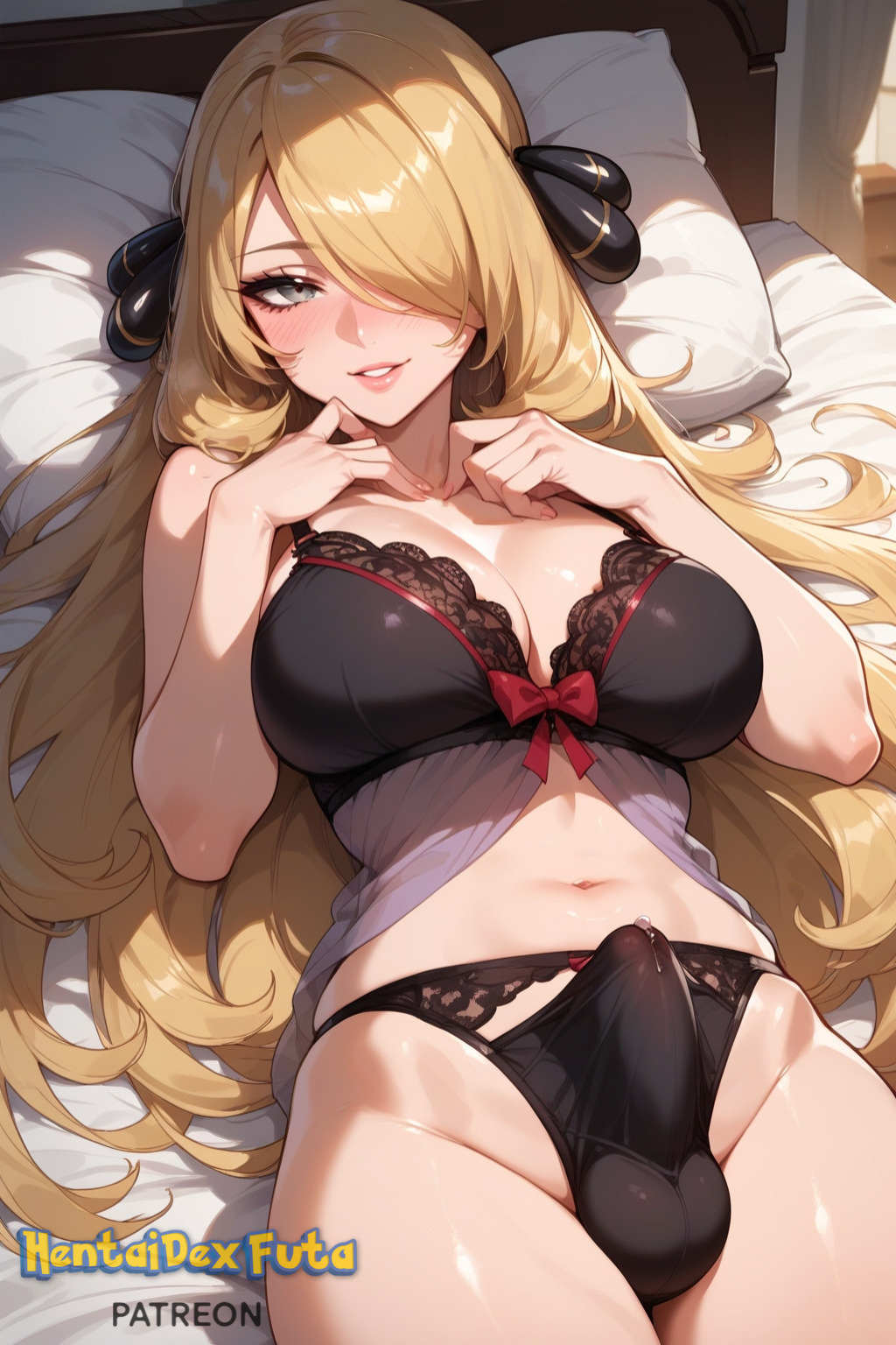 1futa ai_generated black_bra black_panties blonde_hair blush bow bow_panties bra breasts bulge bulge_through_clothing cleavage collarbone cynthia_(pokemon) erect_penis erection erection_under_clothes futa_only futa_sans_pussy futanari grey_eyes hair_ornament hair_over_one_eye hentaidex hentaidexfuta huge_cock large_breasts lips long_hair looking_at_viewer lying mole mole_on_breast navel on_back on_bed panties parted_lips pillow pokemon smile solo underwear underwear_only very_long_hair