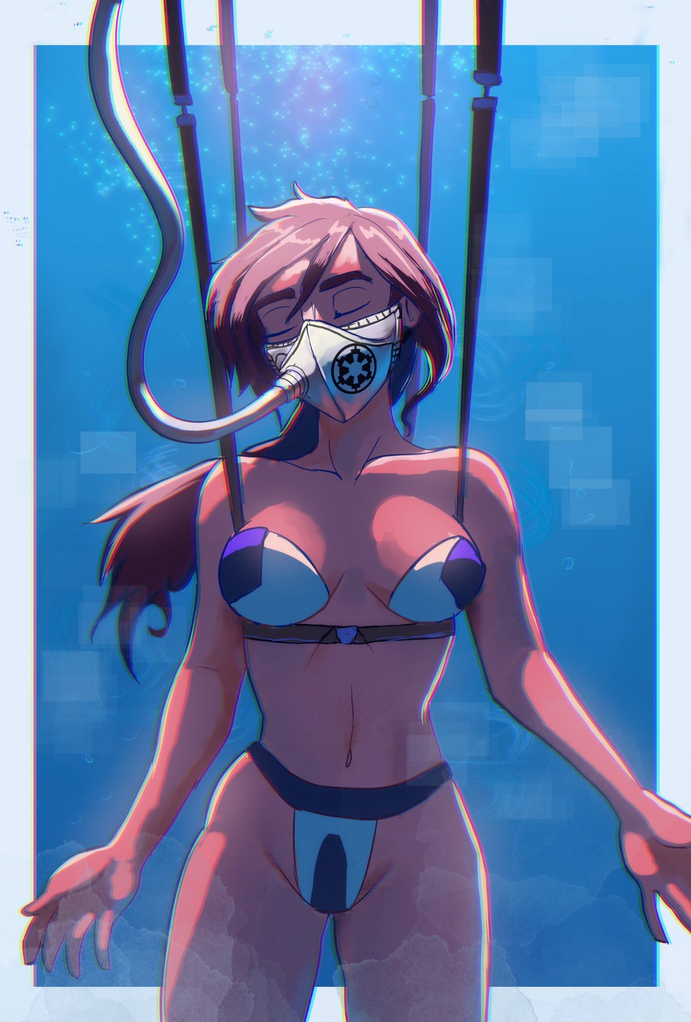 1female 1girls 1woman bikini blue_background breasts brown_hair closed_eyes clothed color dark-skinned_female dark_skin emerie_karr female grissaecrim long_hair low_ponytail medium_breasts oxygen_mask solo star_wars star_wars:_the_bad_batch strapless_bikini the_bad_batch underwater