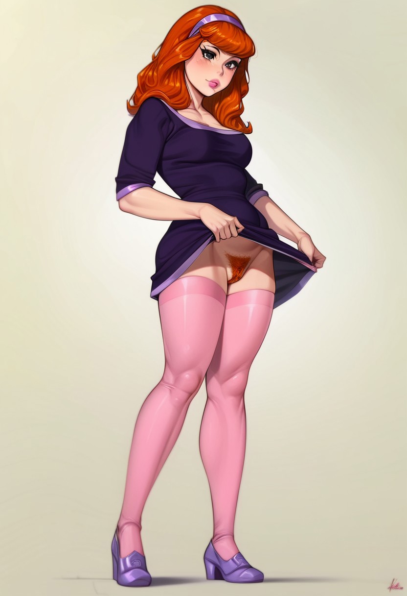 ai_generated daphne_blake no_panties pink_stockings pink_thighhighs purple_shoes red_pubic_hair scooby-doo skirt_lift tagme upskirt