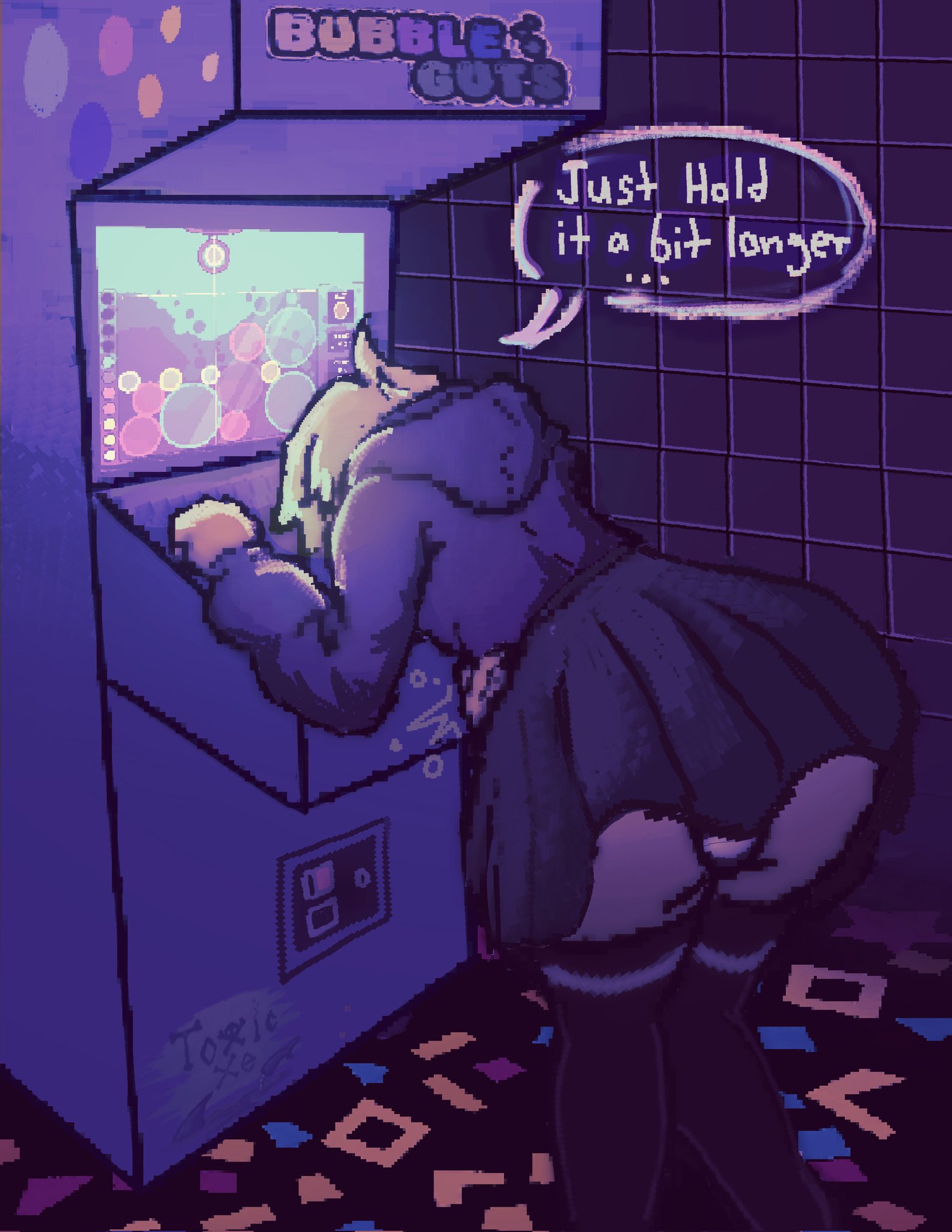 1boy, 1femboy, about to cum, about to fart, arcade, arcade cabinet, arcade machine, bloated belly, bowel sounds, bubble guts, bubble guts (game), embarrassed, fart, fart cloud, fart fetish, farting, femboy, femboy fart, femboy only, gameplay screenshot, imminent cum, imminent fart, male, male fart, male only, panties, rumbling stomach, stomach noises, striped panties, struggling, text, text bubble, upskirt, upskirt view