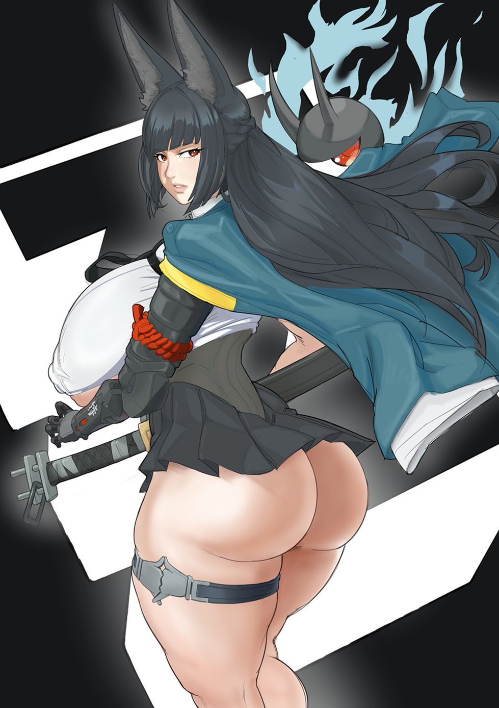 1girls, animal ears, areolae, ass, black hair, bottomless, breasts, covered nipples, female, female only, fox ears, hoshimi miyabi, huge breasts, long hair, looking back, nipple bulge, nipples, red eyes, solo, supersolenoid, thick thighs, zenless zone zero
